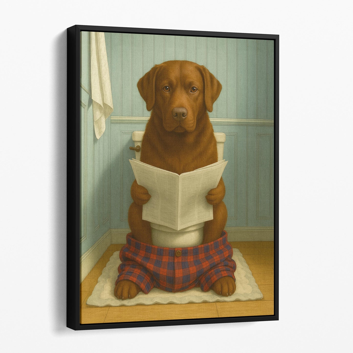 Chocolate Labrador Retriever Dog Reading The Newspaper On The Toilet