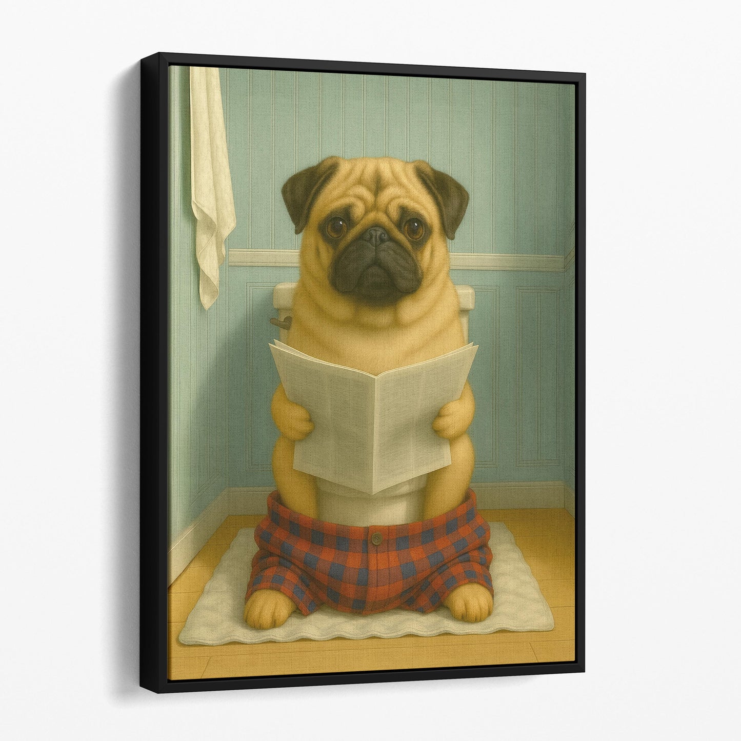 Pug Dog Reading The Newspaper On The Toilet