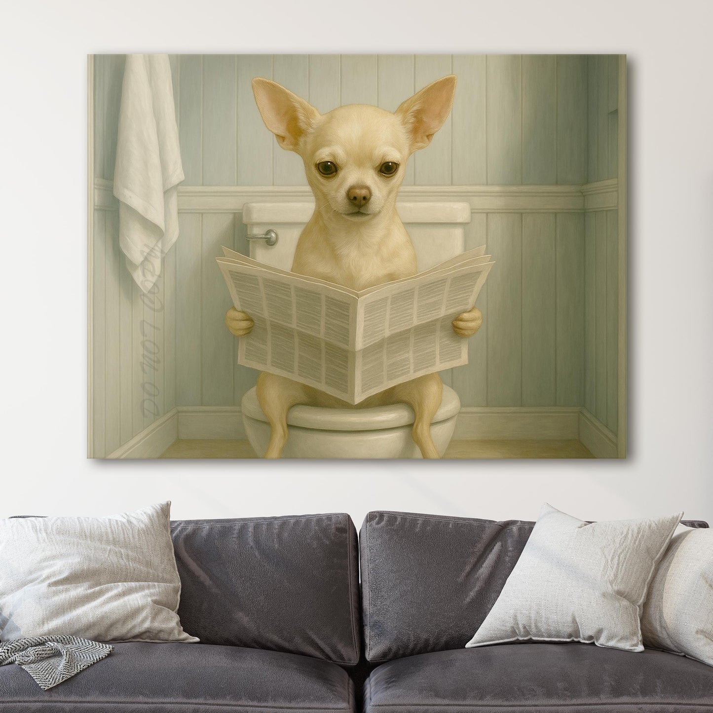 Chihuahua Dog Reading The Newspaper On The Toilet II