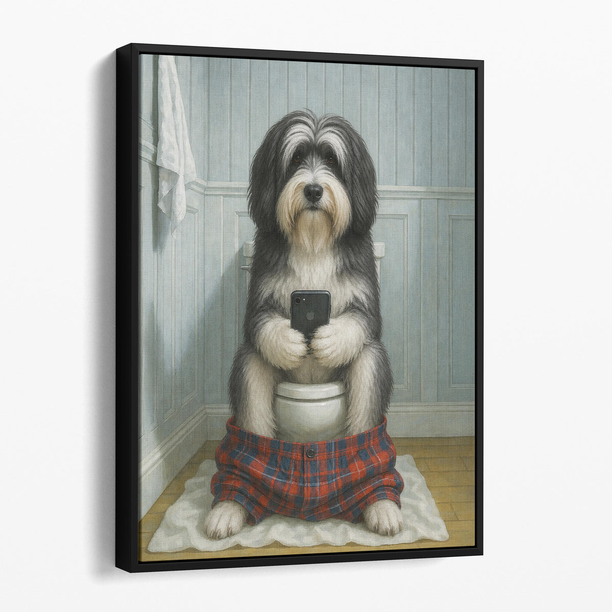 Tibetan Terrier Dog On The Phone On The Toilet
