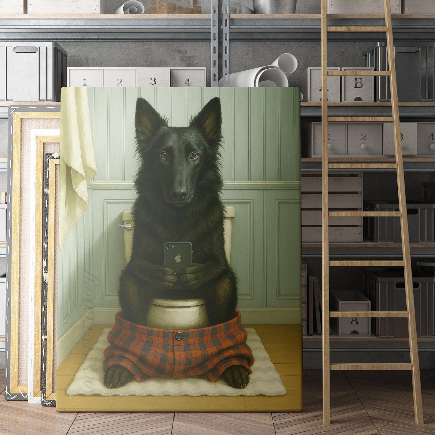 Belgian Shepherd Dog On The Phone On The Toilet