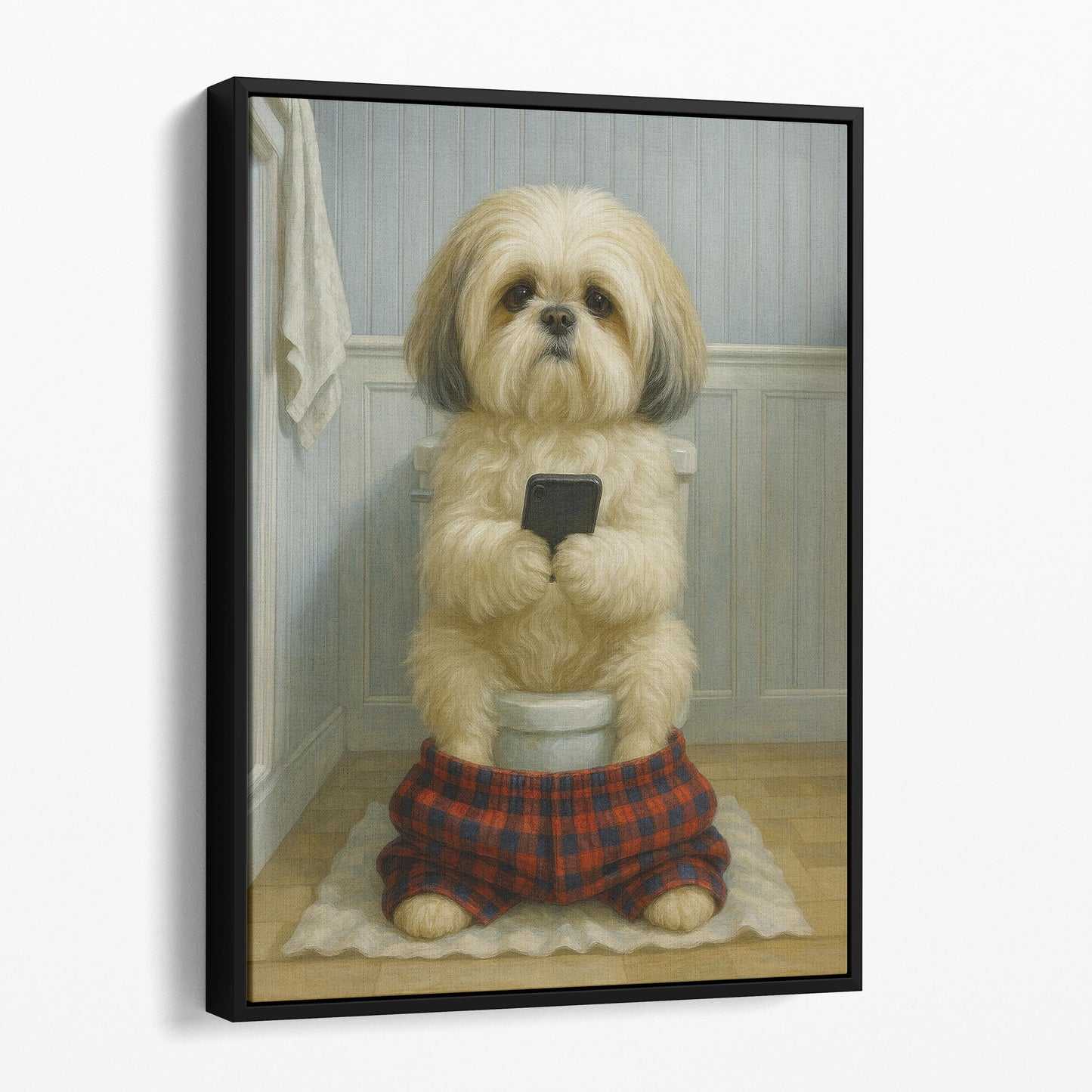 Shih Tzu Dog On The Phone On The Toilet