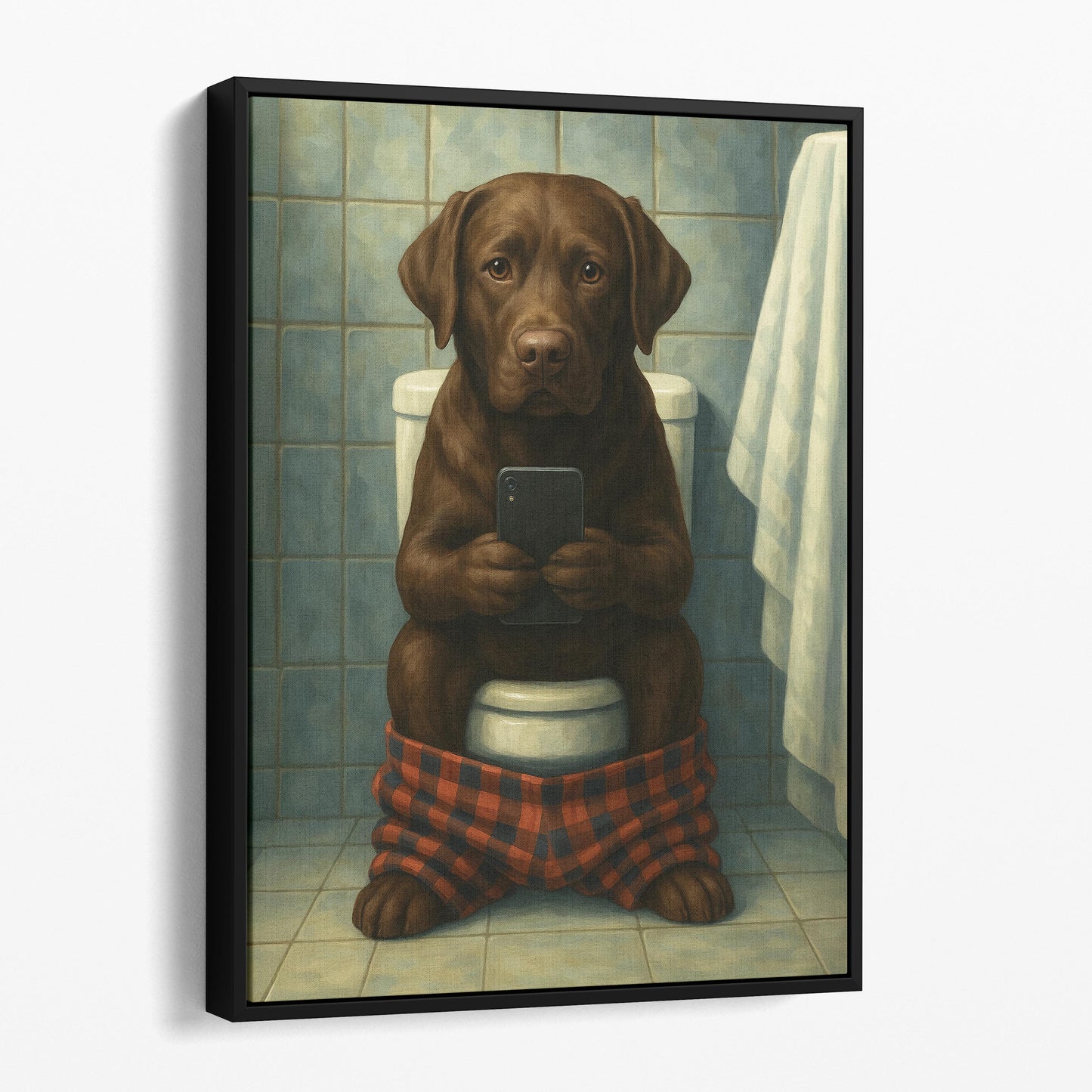 Chocolate Labrador Retriever Dog On The Phone On The Toilet