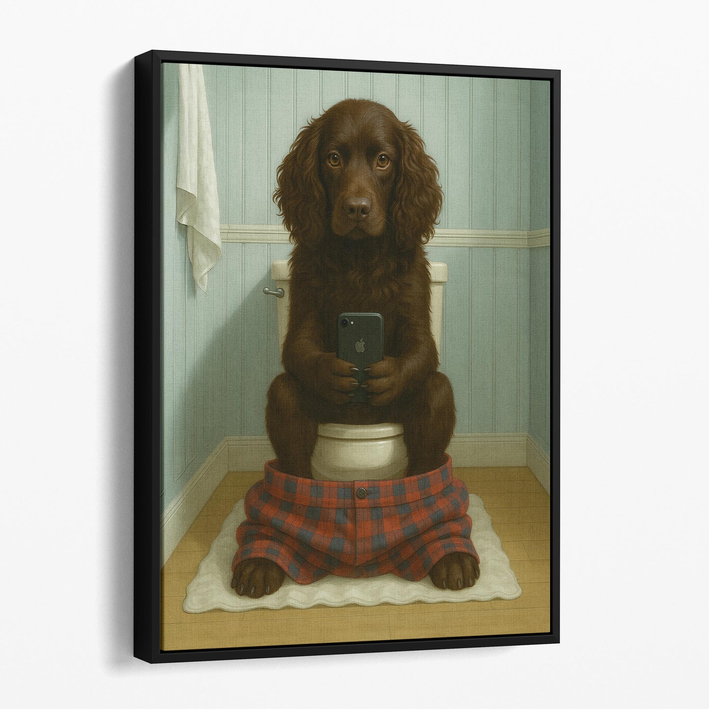 Boykin Spaniel Dog On The Phone On The Toilet