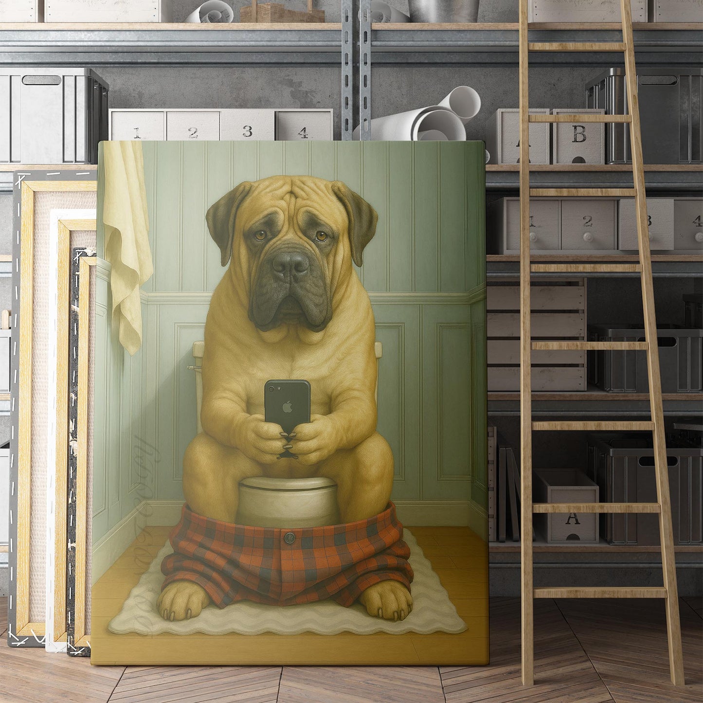 Mastiff Dog On The Phone On The Toilet