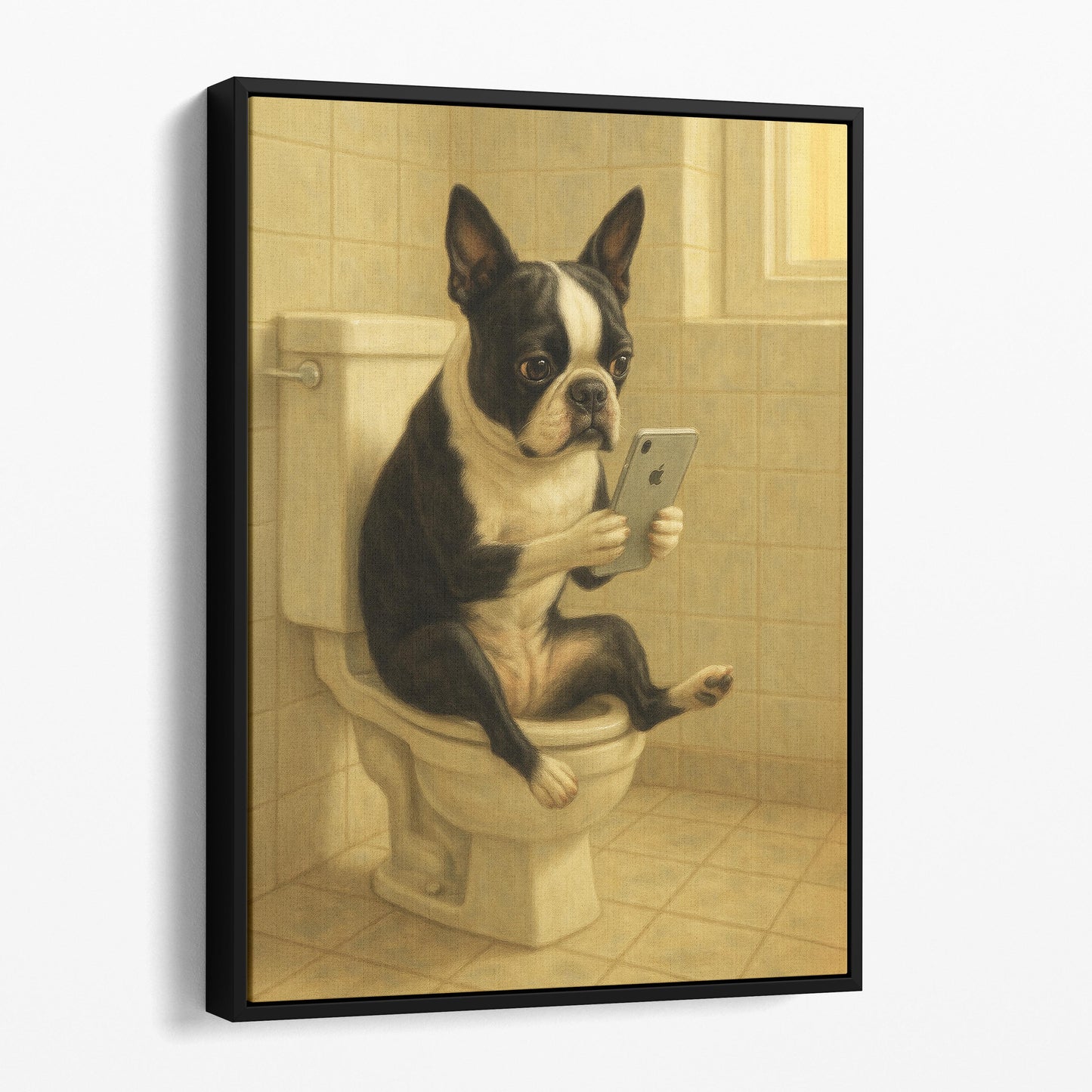 Boston Terrier Dog On The Phone On The Toilet