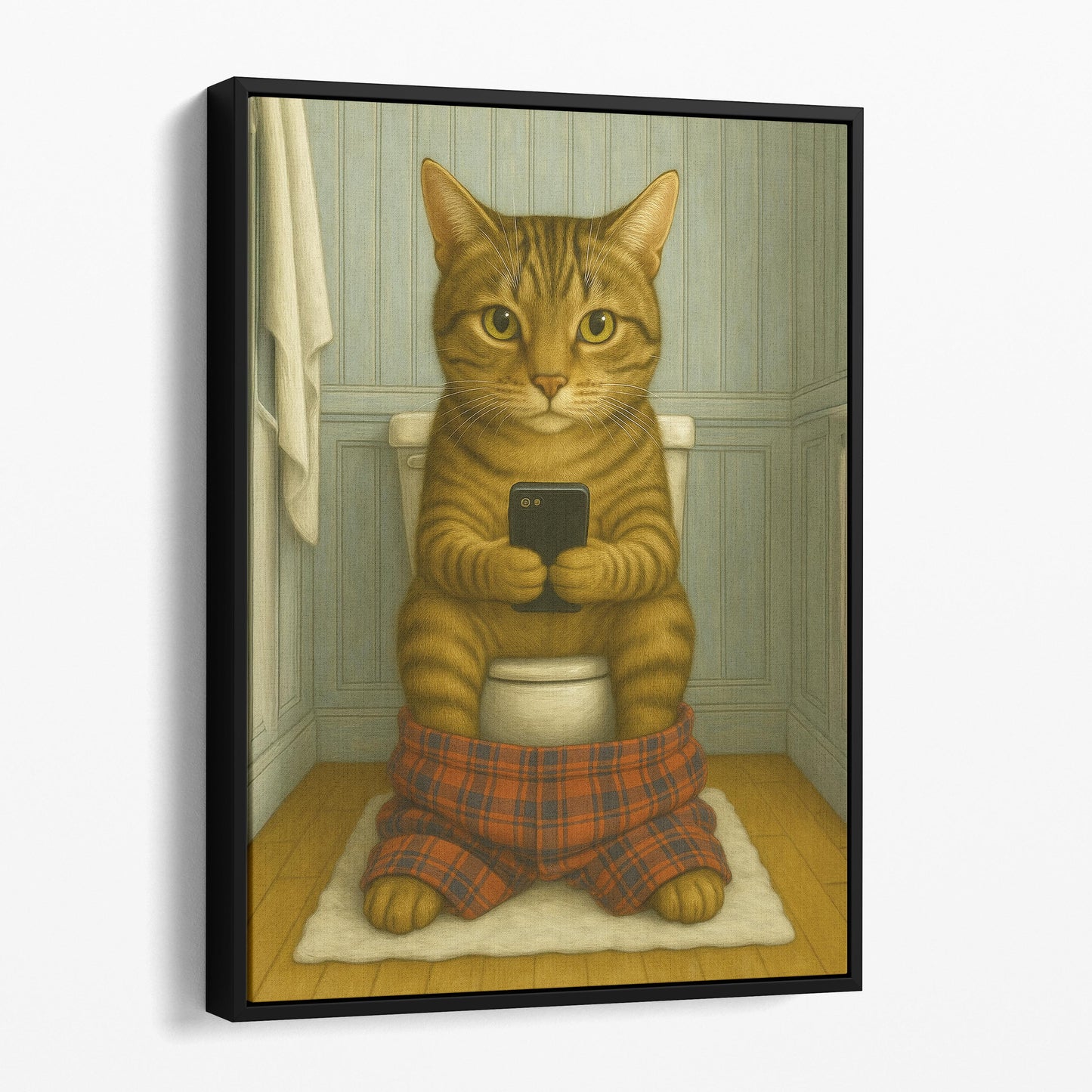 Domestic Shorthair Cat On The Phone On The Toilet