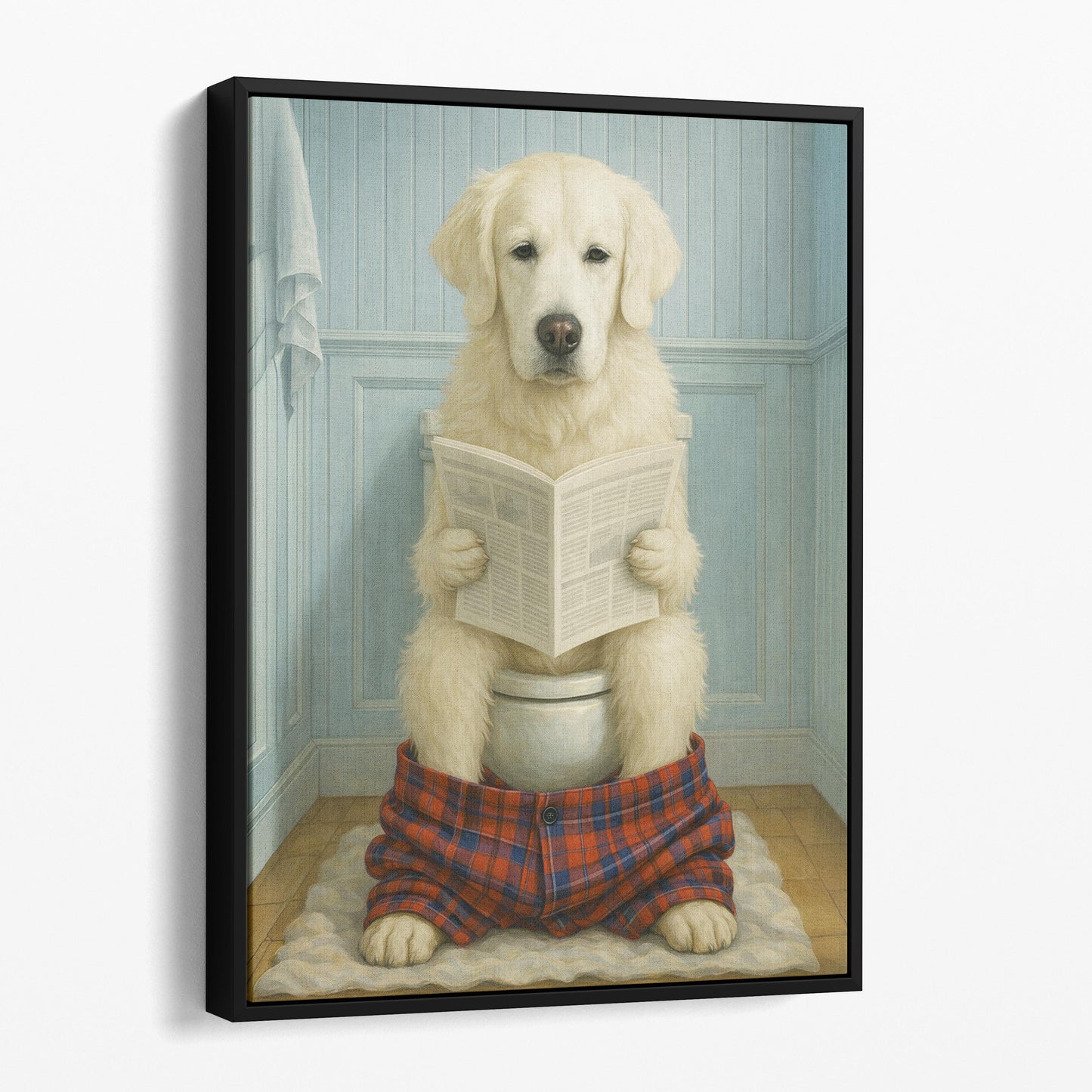English Cream Golden Retriever Dog Reading The Newspaper On The Toilet