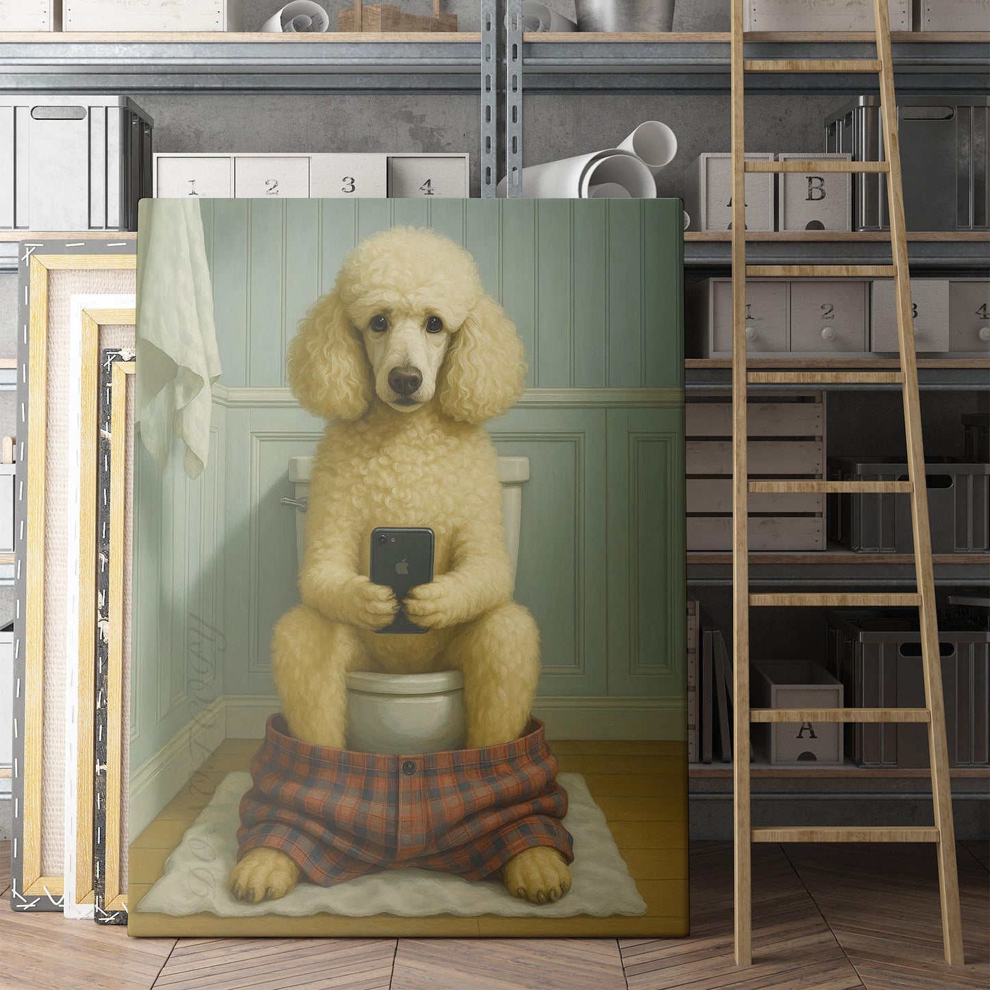 Poodle Dog On The Phone On The Toilet