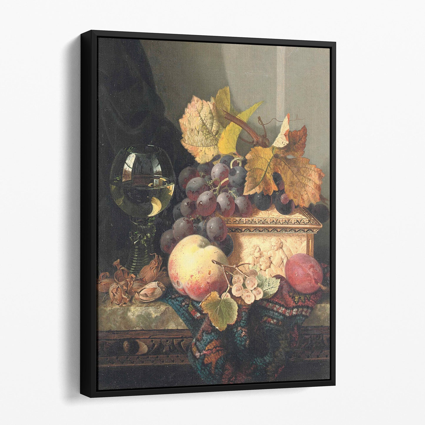 A Still Life of Black Grapes, a Peach, a Plum, Hazelnuts, a Metal Casket and a Wine Glass on a Carved Wooden Ledge - Edward Ladell