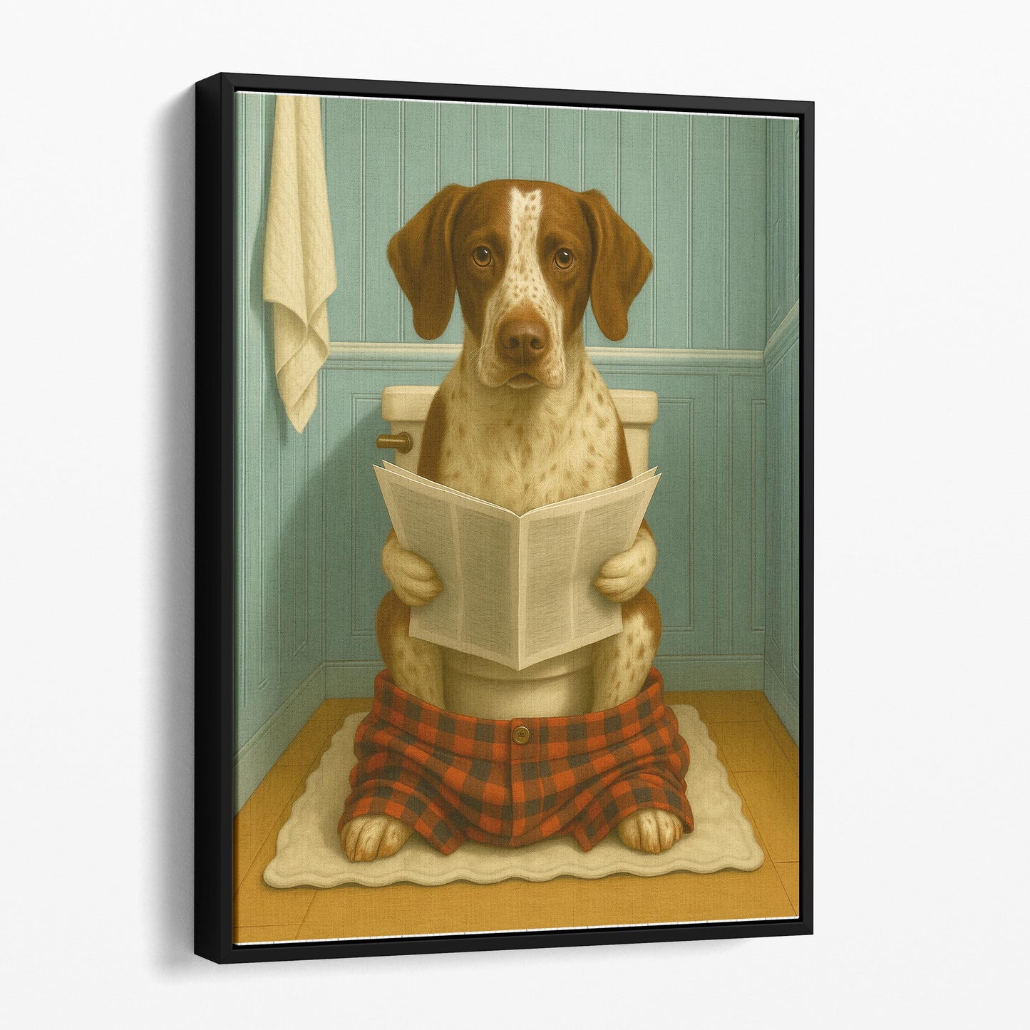 German Short Haired Pointer Dog Reading The Newspaper On The Toilet