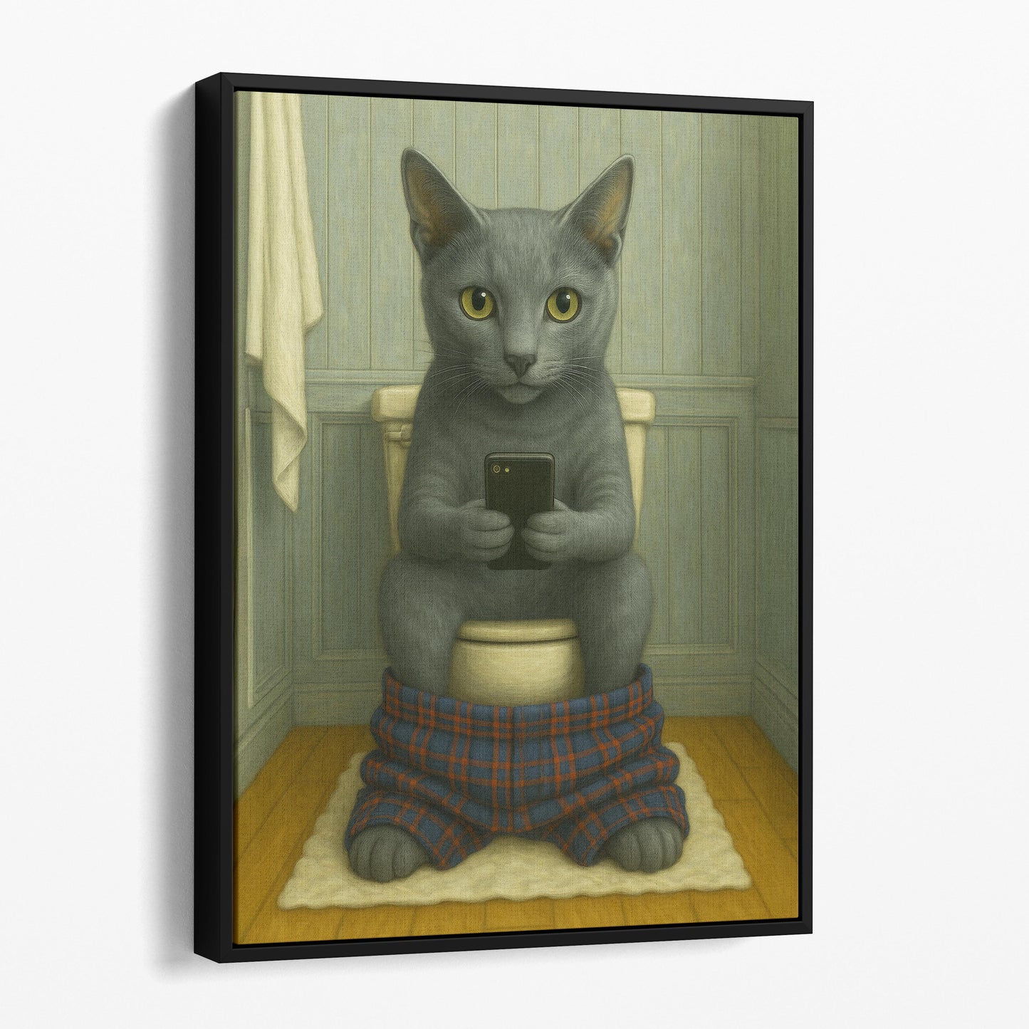 Russian Blue Cat On The Phone On The Toilet
