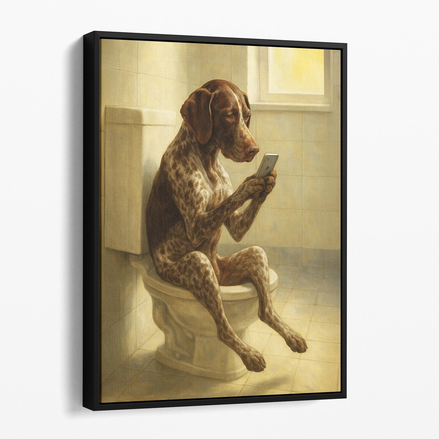 German Shorthaired Pointer Dog On The Phone On The Toilet