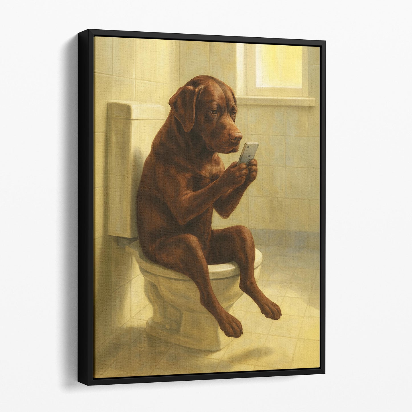 Chocolate Lab Dog On The Phone On The Toilet