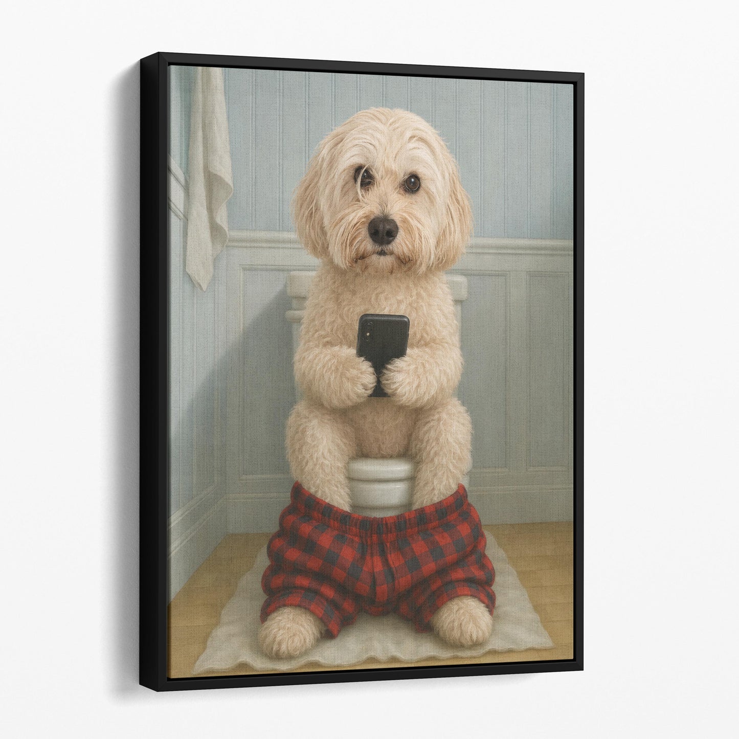 Cockapoo Dog On The Phone On The Toilet