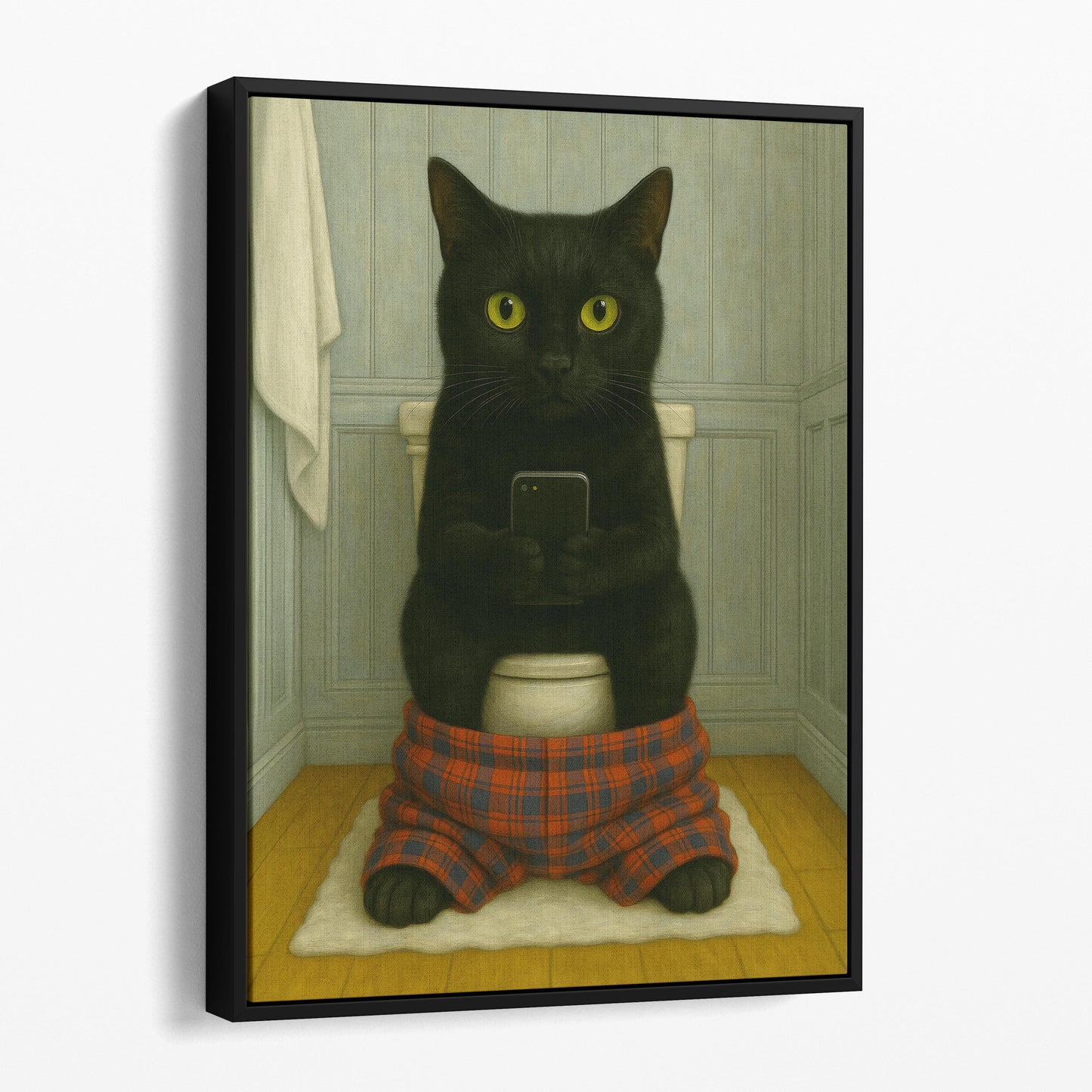 Black Cat On The Phone On The Toilet
