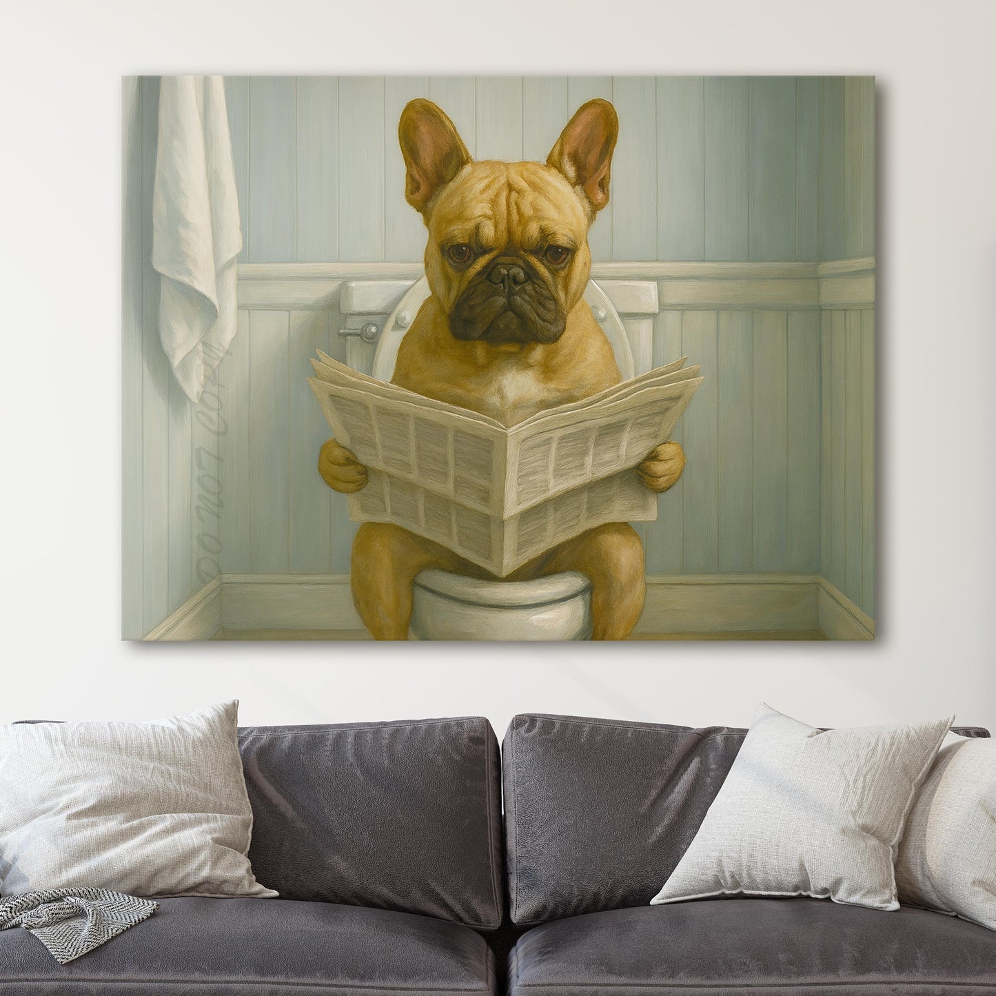 French Bulldog Reading The Newspaper On The Toilet