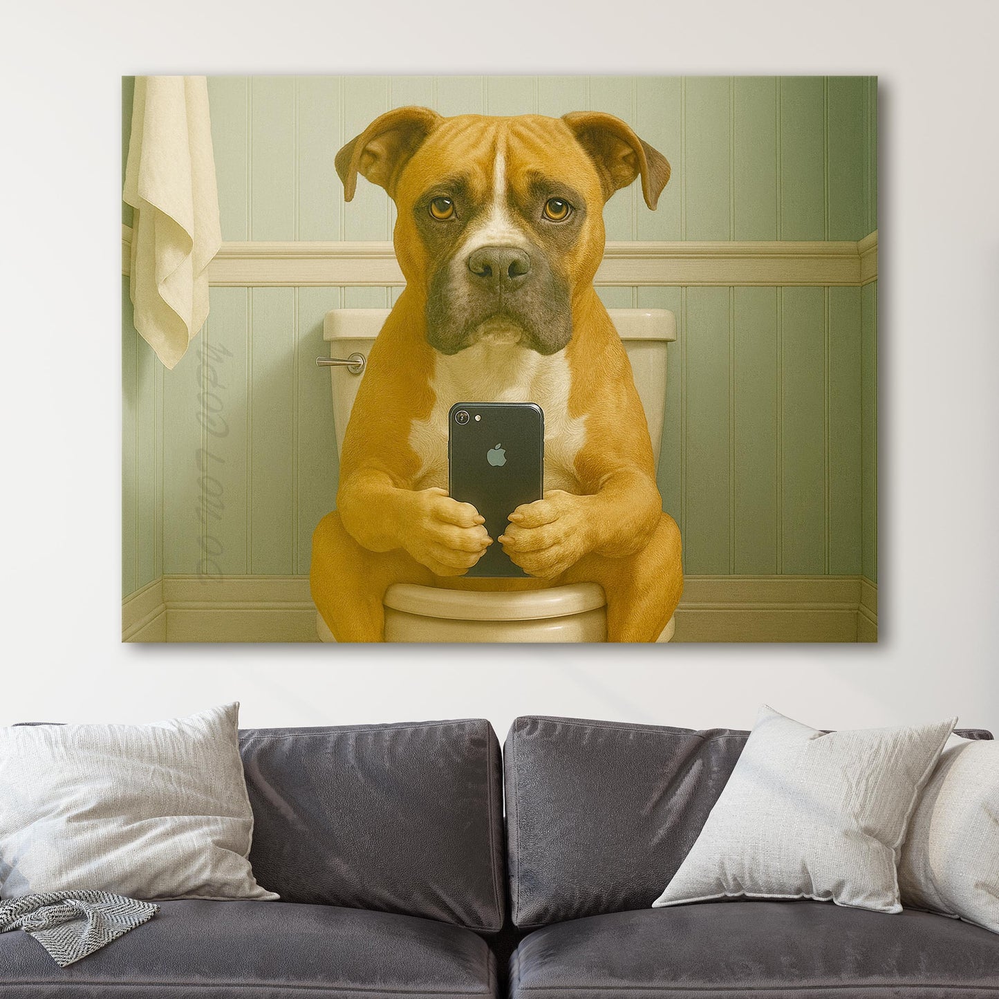 Boxer Dog On The Phone On The Toilet
