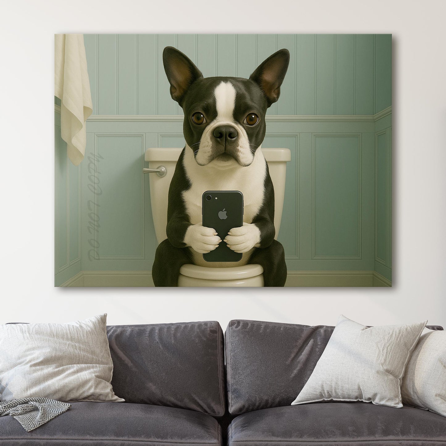 Boston Terrier Dog On The Phone On The Toilet