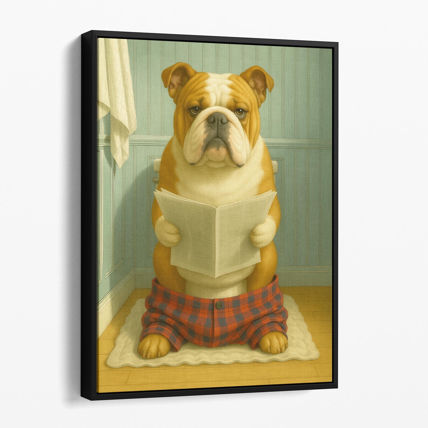Bulldog Reading The Newspaper On The Toilet