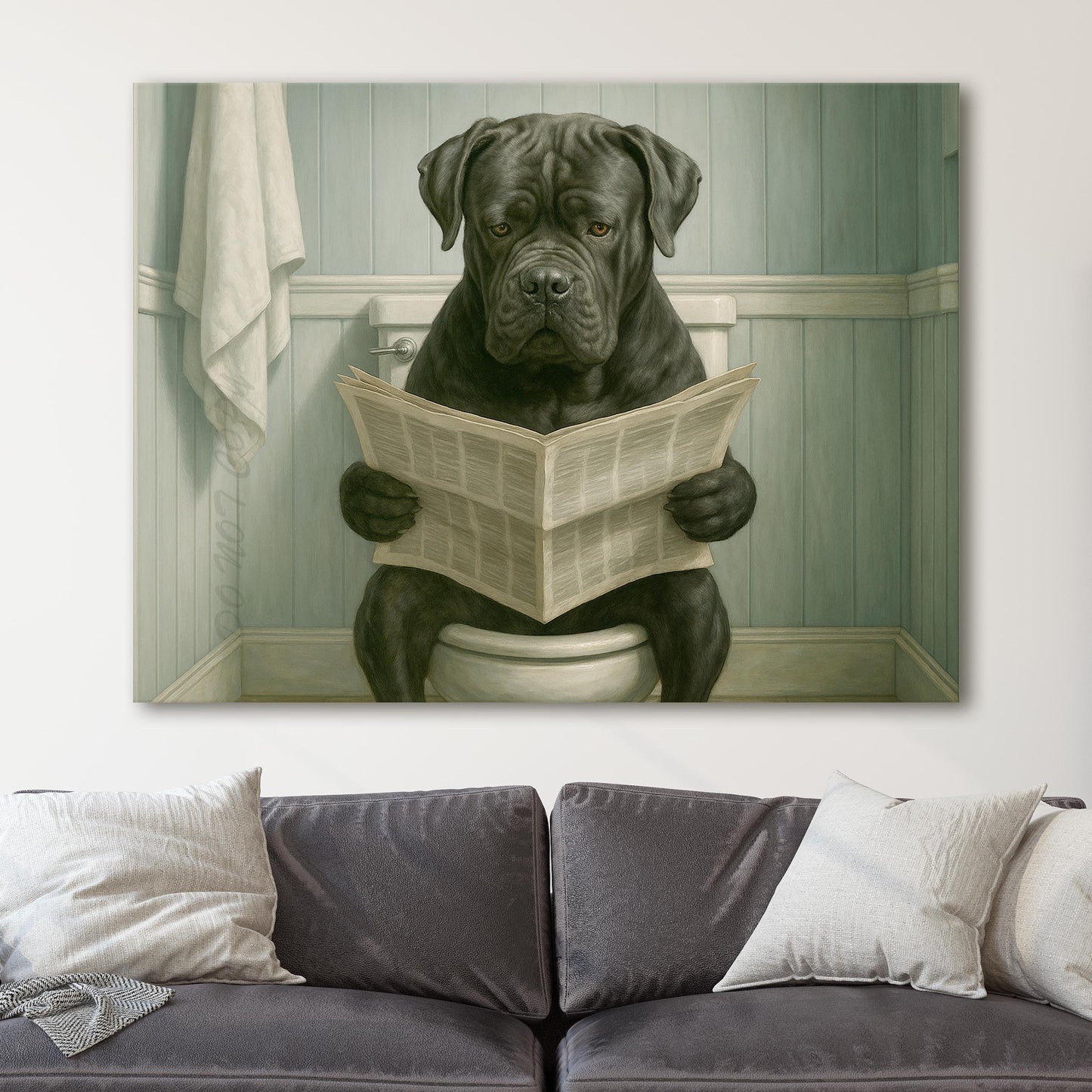 Cane Corso Dog Reading The Newspaper On The Toilet