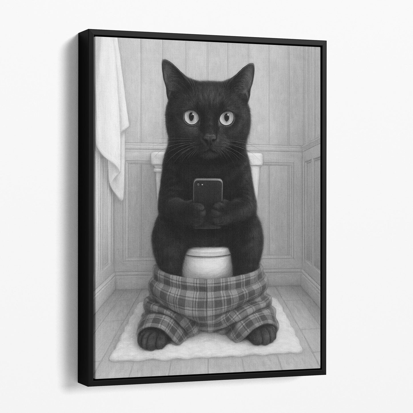 Black Cat On The Phone On The Toilet