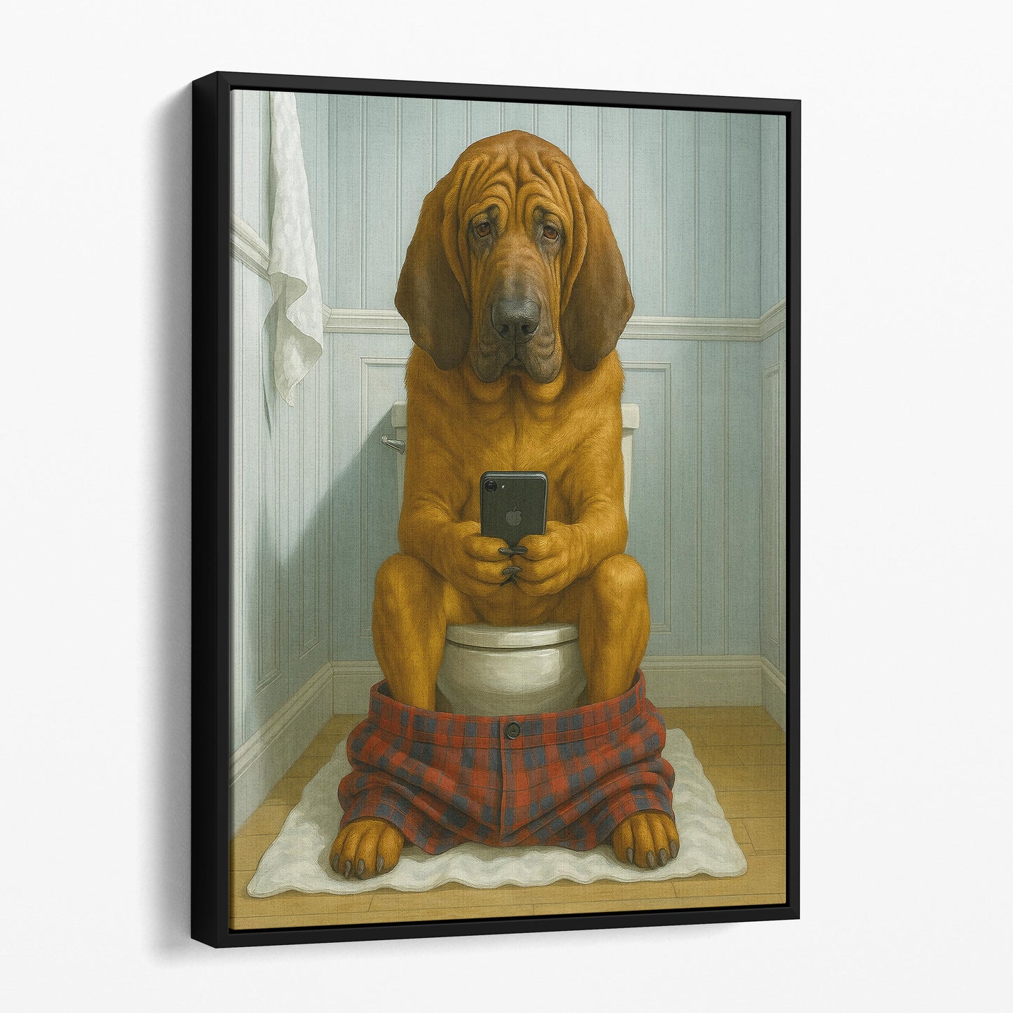 Bloodhound Dog On The Phone On The Toilet
