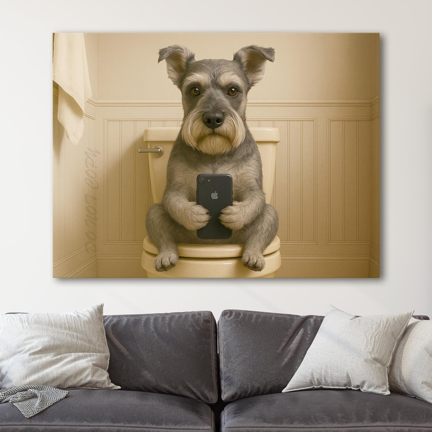 Schnauzer Dog On The Phone On The Toilet