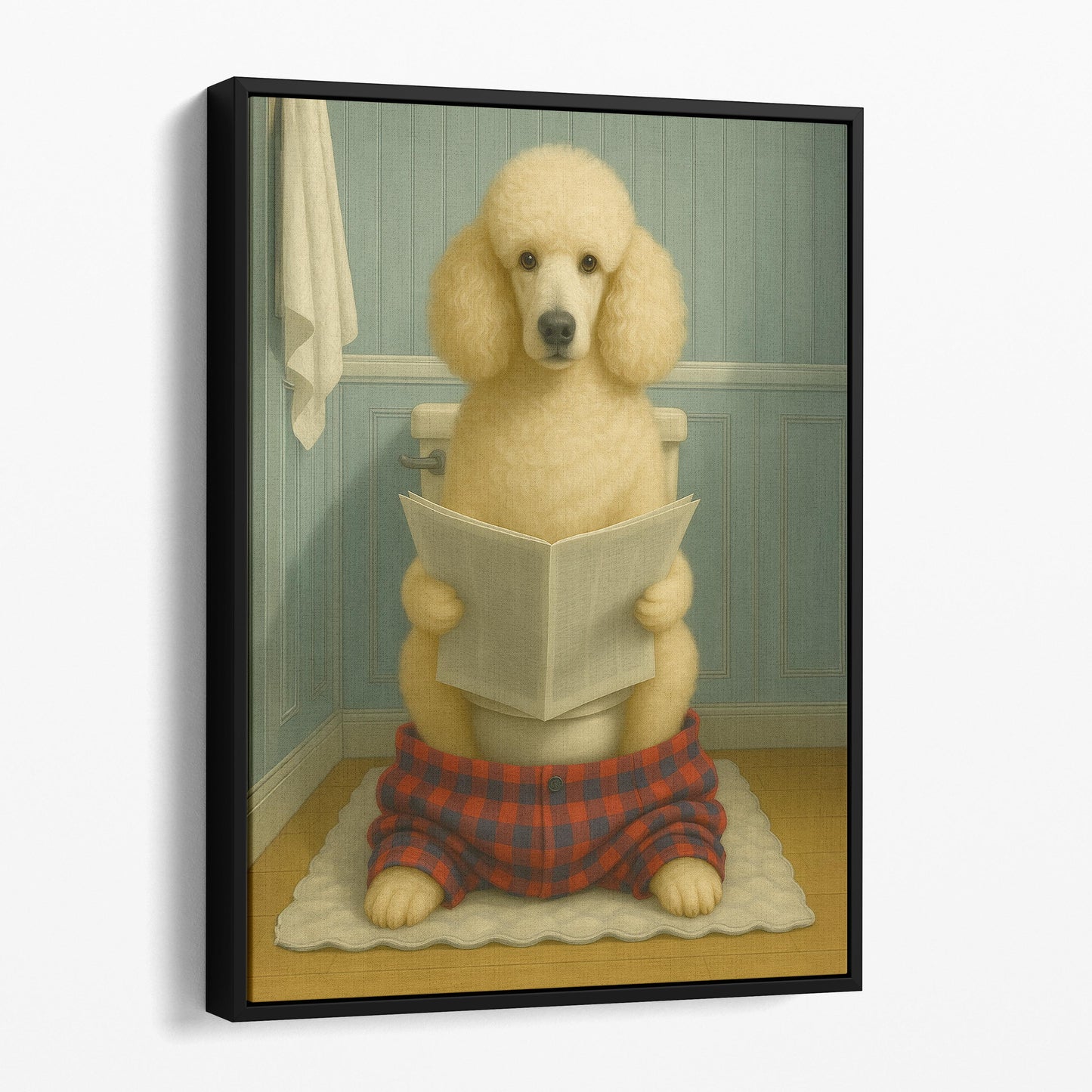 Poodle Dog Reading The Newspaper On The Toilet