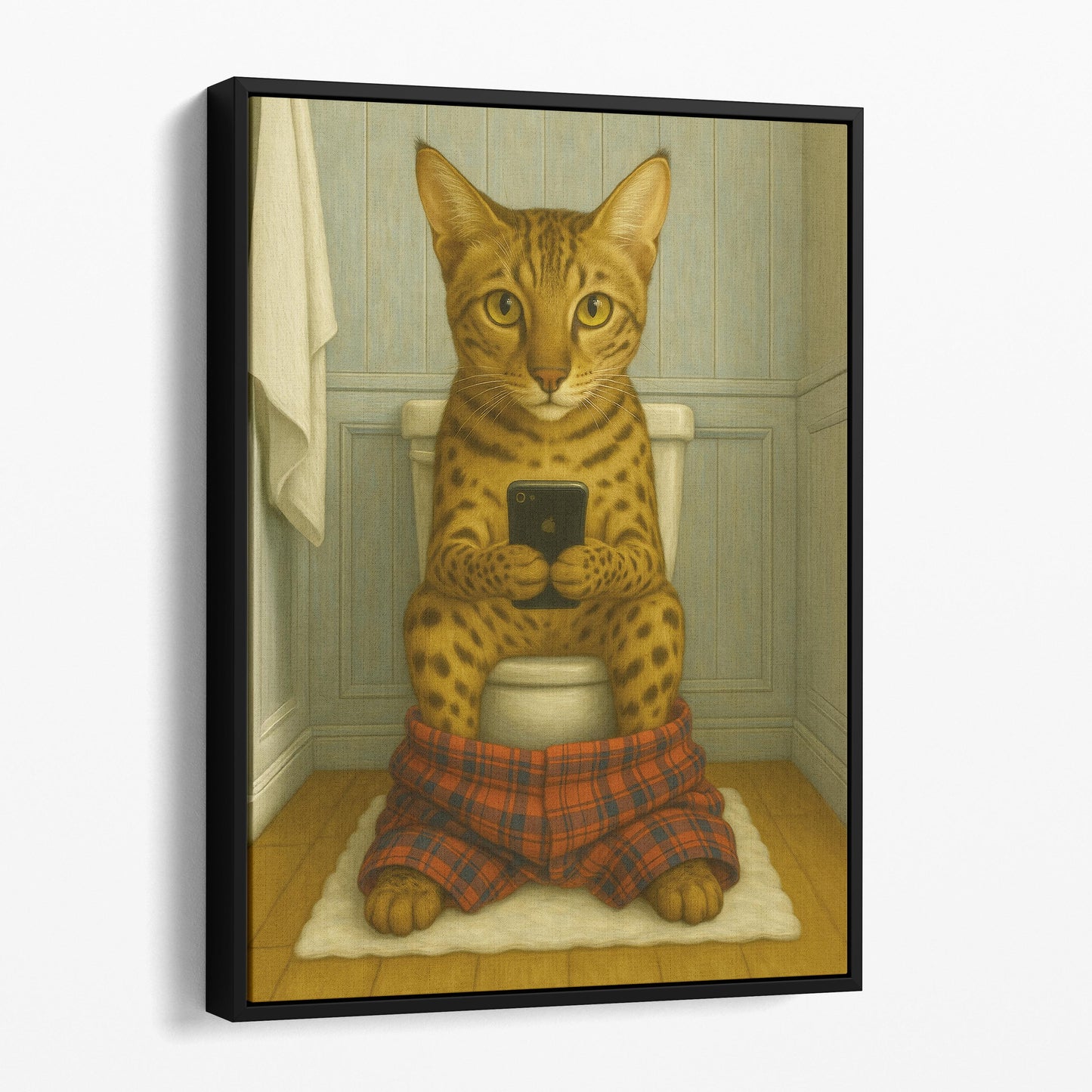 Savannah Cat On The Phone On The Toilet