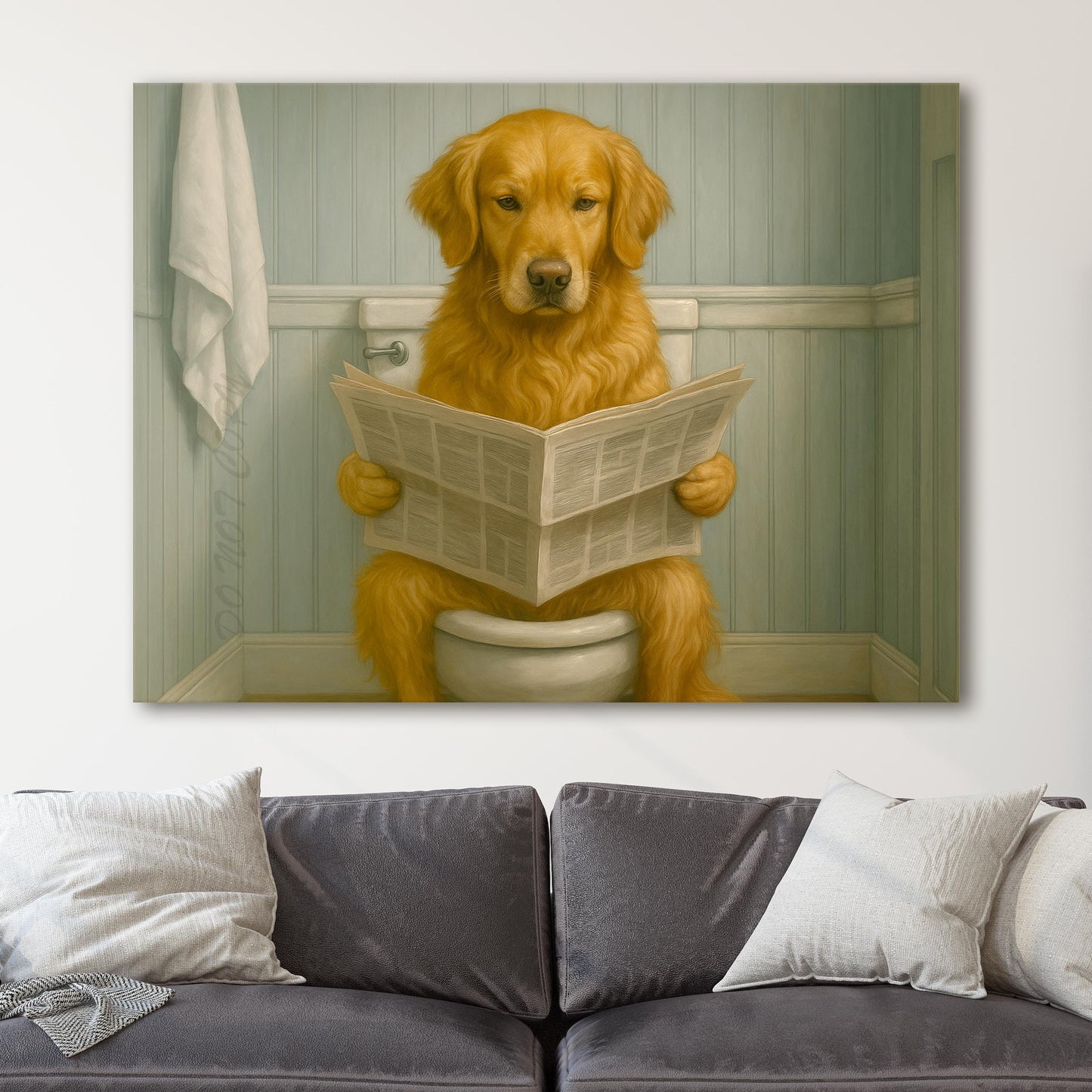 Golden Retriever Reading The Newspaper On The Toilet