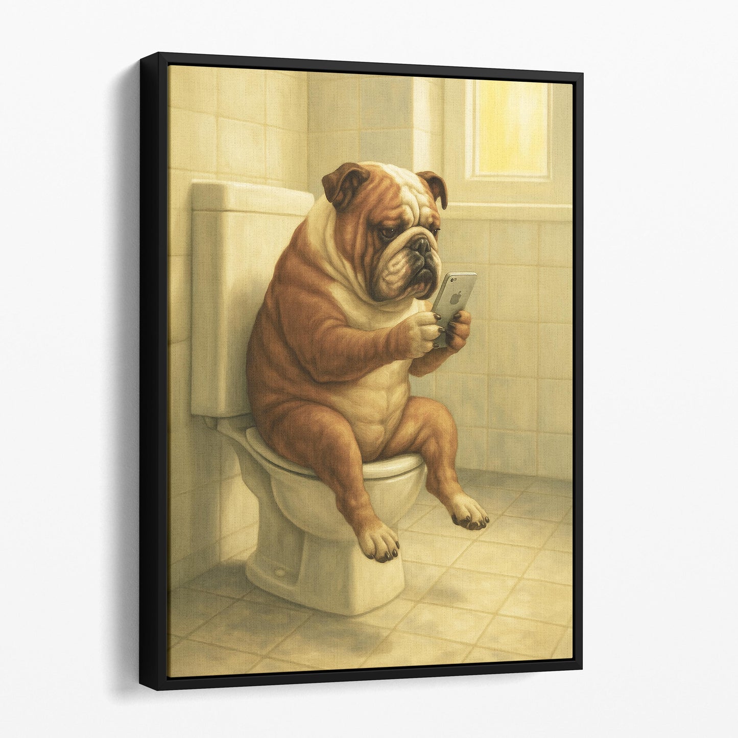 Bulldog On The Phone On The Toilet