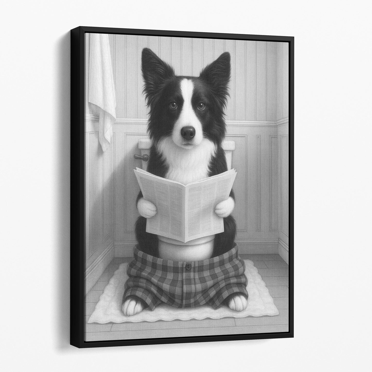 Border Collie Dog Reading The Newspaper On The Toilet
