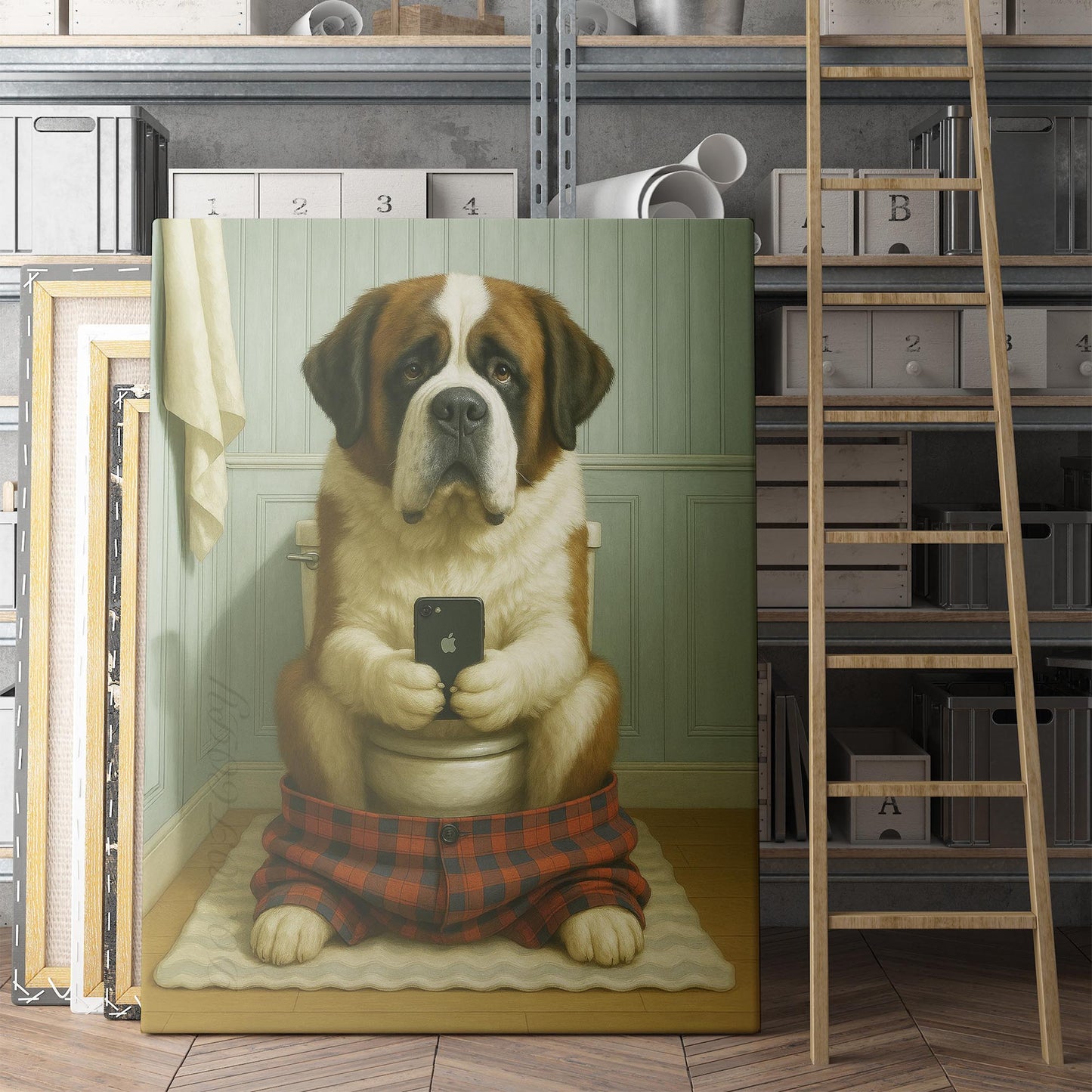 St. Bernard Dog On The Phone On The Toilet