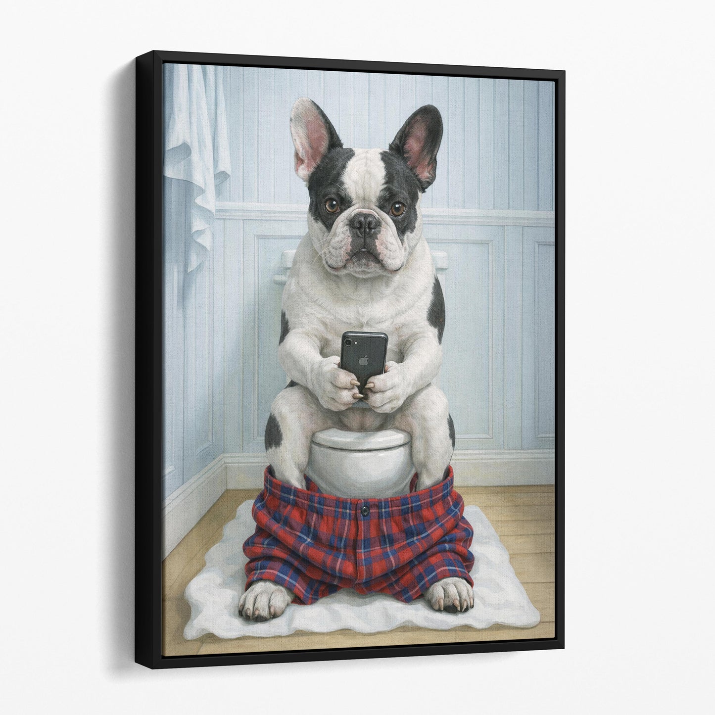 Pied French Bulldog On The Phone On The Toilet