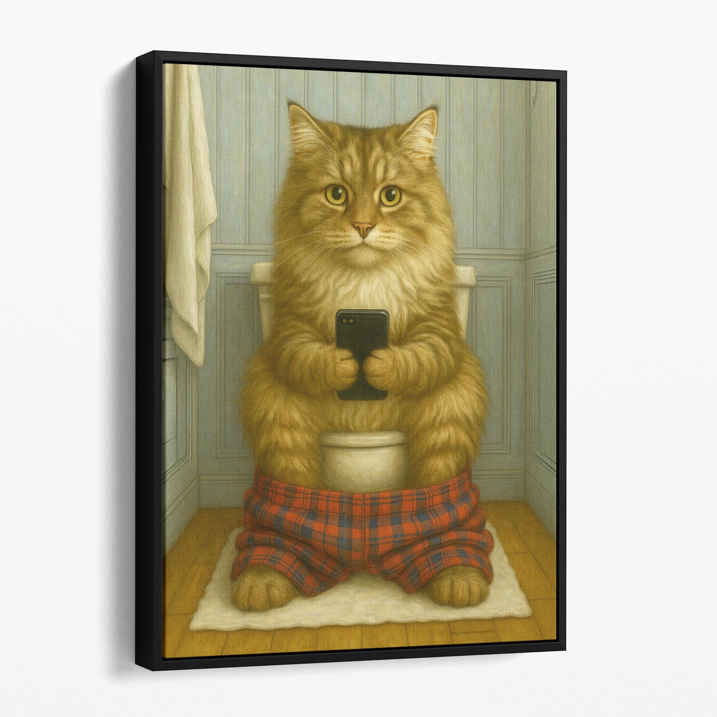 Siberian Cat On The Phone On The Toilet