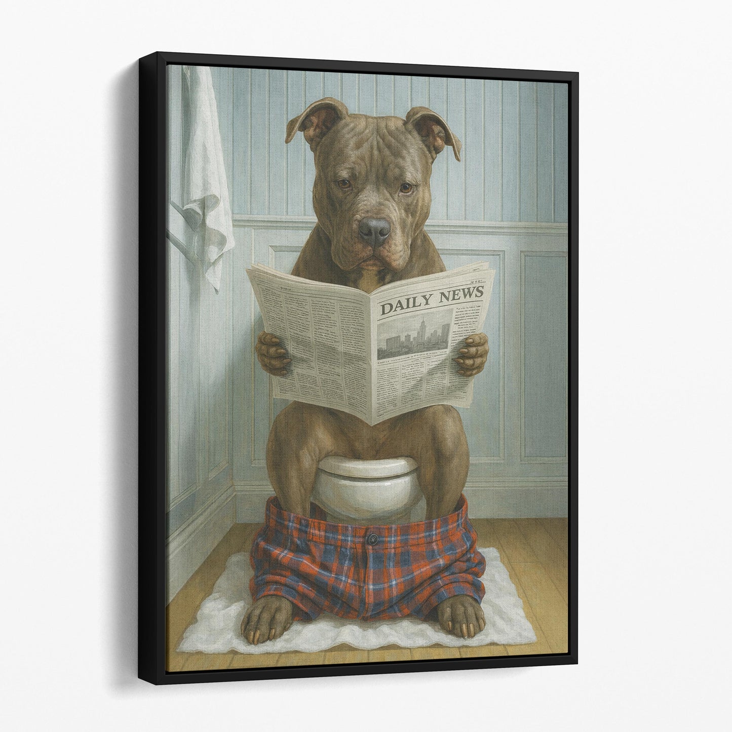 Pit Bull Terrier Reading The Newspaper On The Toilet