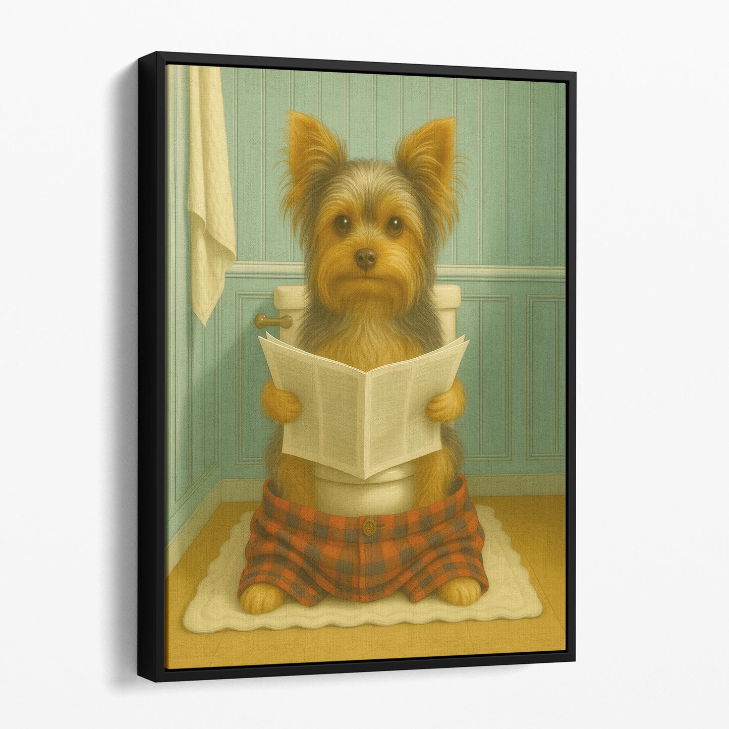 Yorkshire Terrier Dog Reading The Newspaper On The Toilet