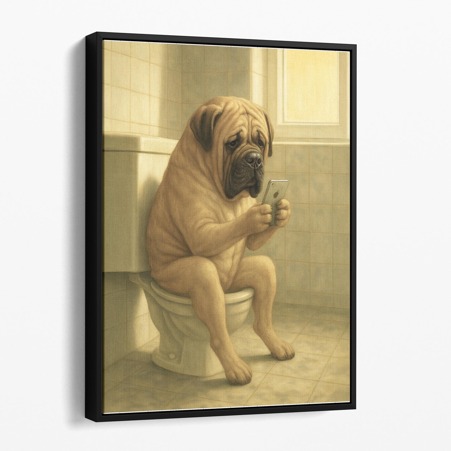Mastiff Dog On The Phone On The Toilet