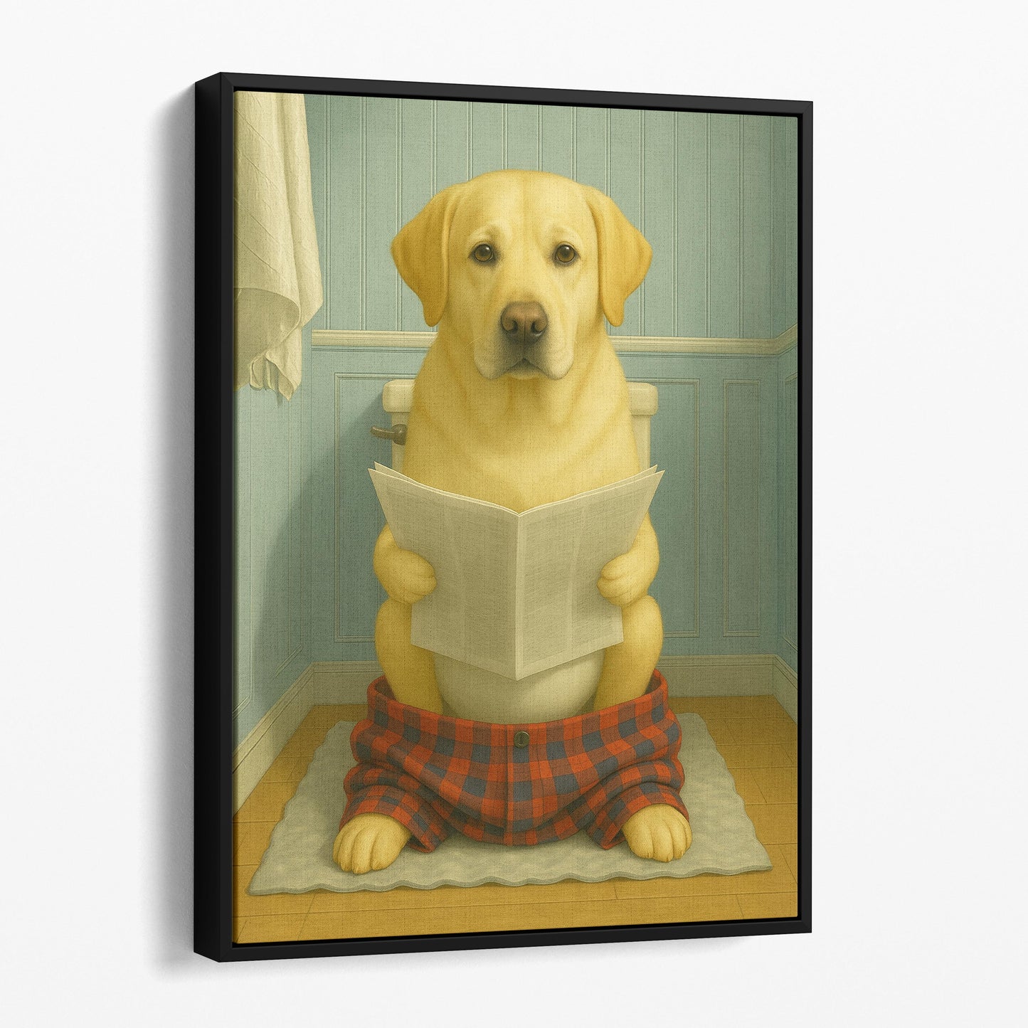 Yellow Labrador Retriever Dog Reading The Newspaper On The Toilet