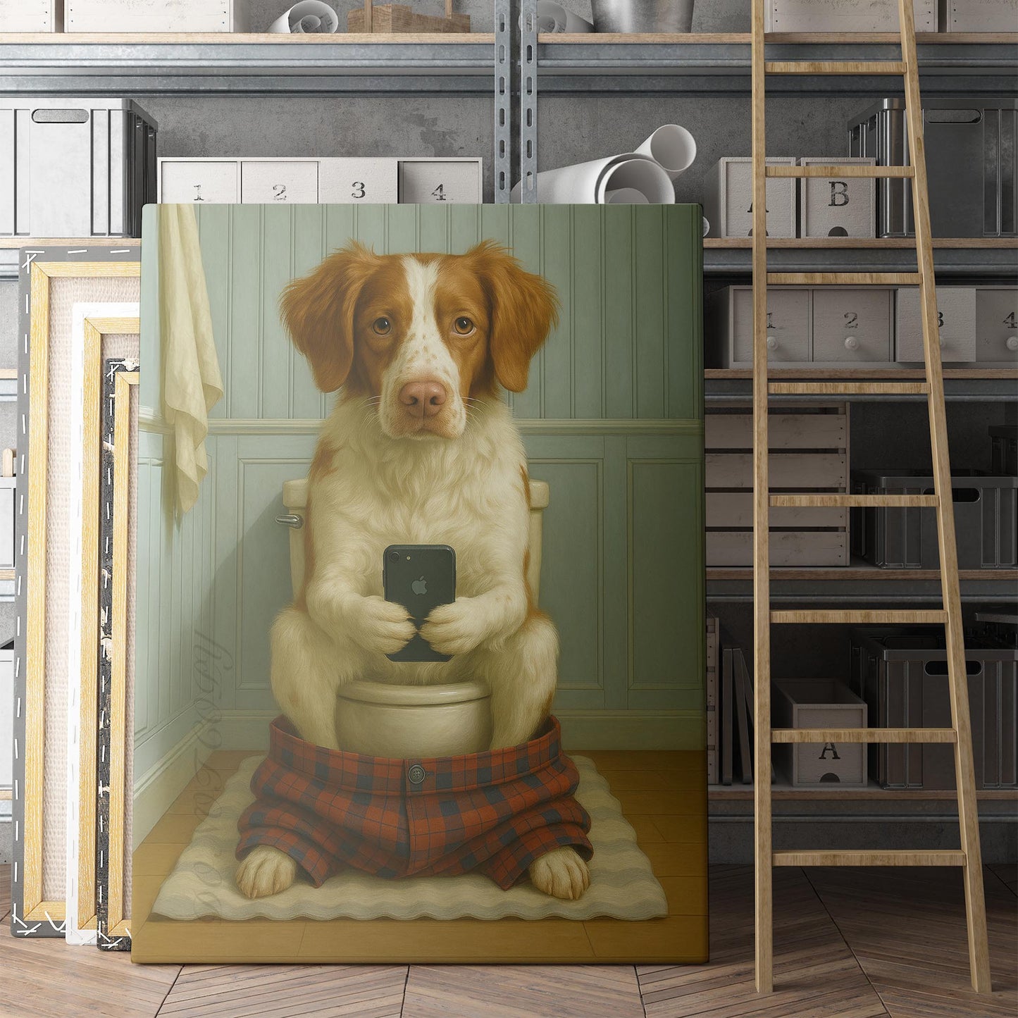 Brittany Dog On The Phone On The Toilet