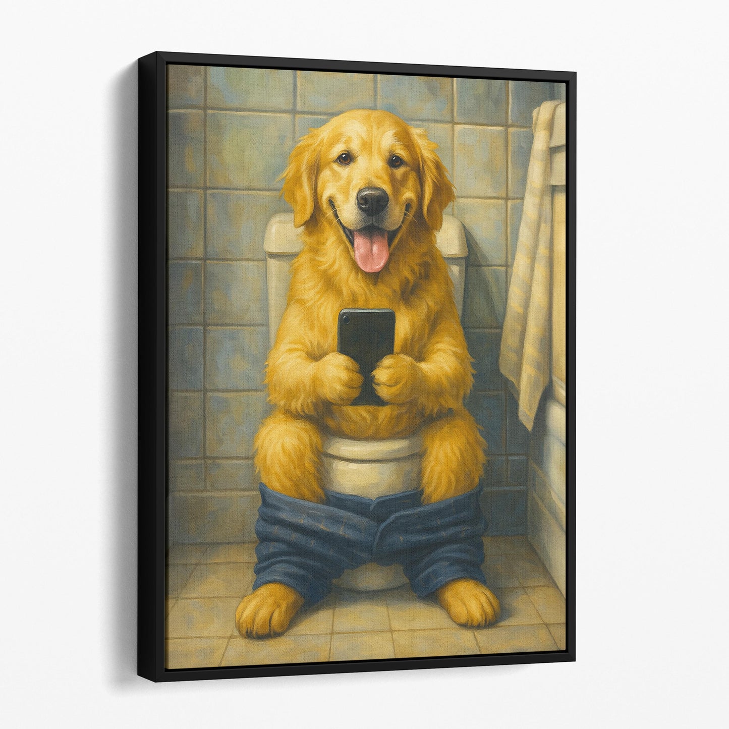 Golden Retriever On The Toilet On The Phone