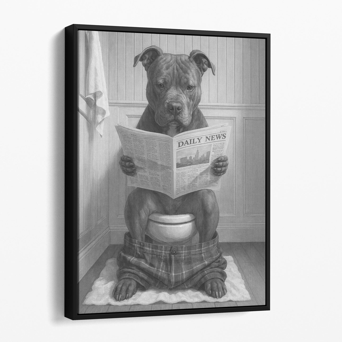 Pit Bull Terrier Reading The Newspaper On The Toilet
