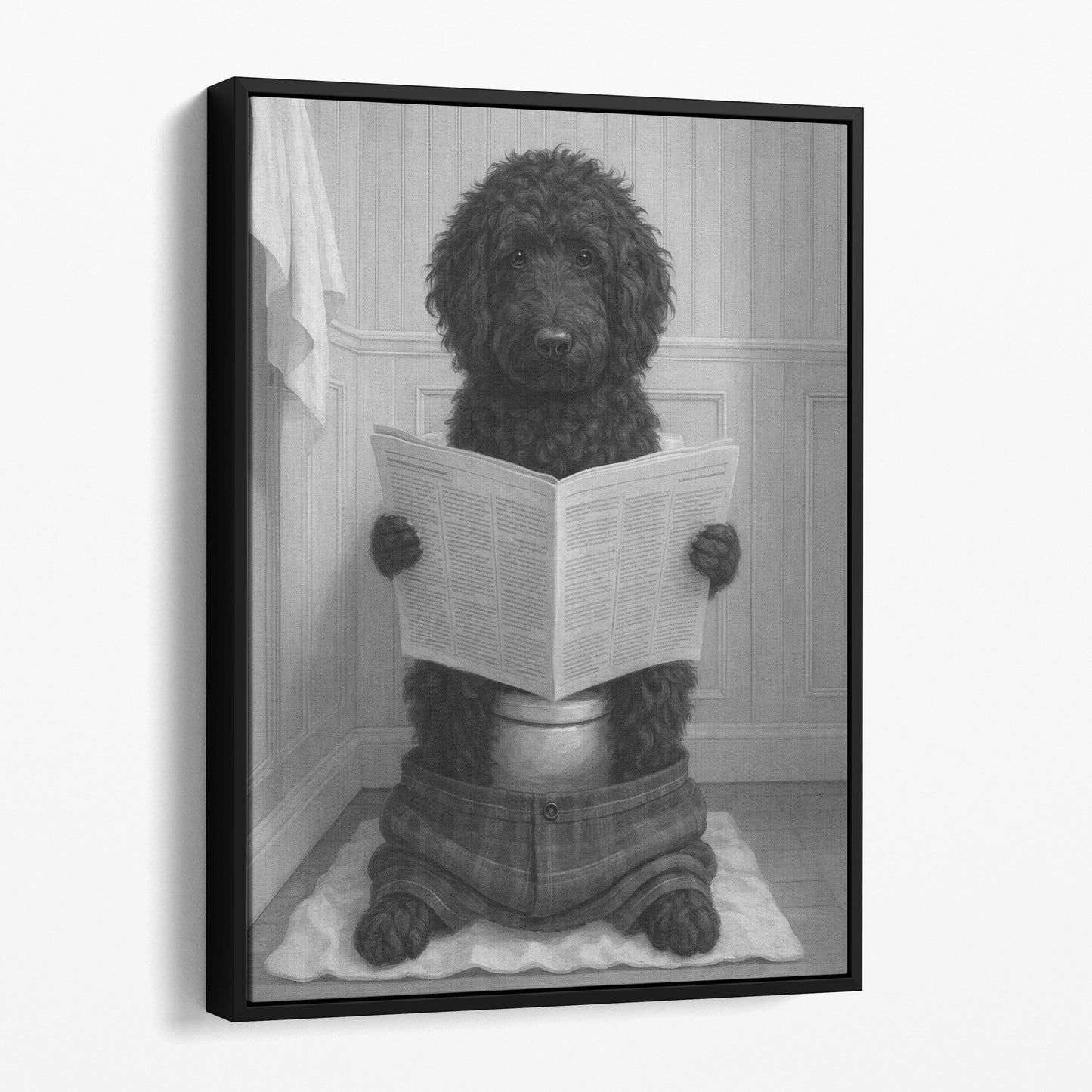 Black Golden Doodle Dog Reading The Newspaper On The Toilet