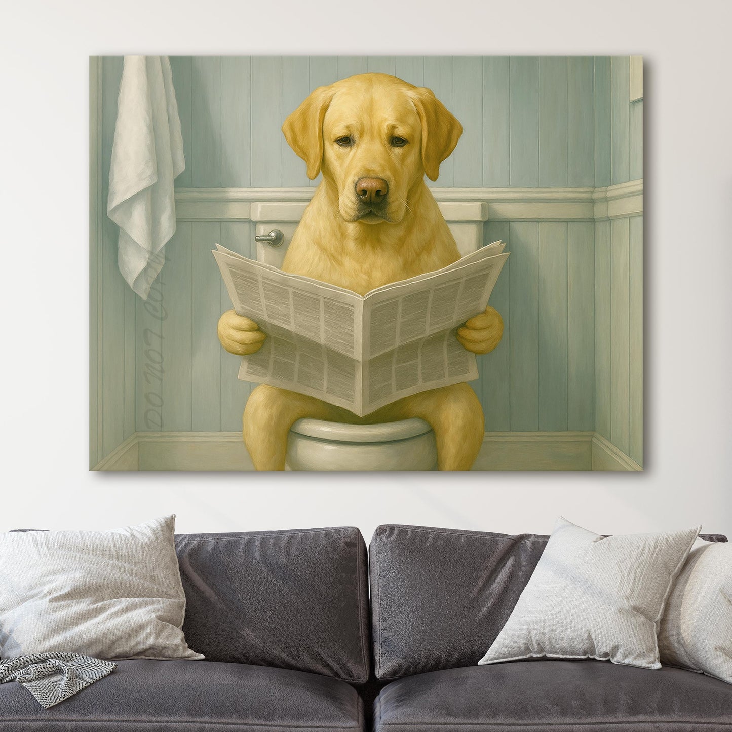 Yellow Labrador Retriever Reading The Newspaper On The Toilet