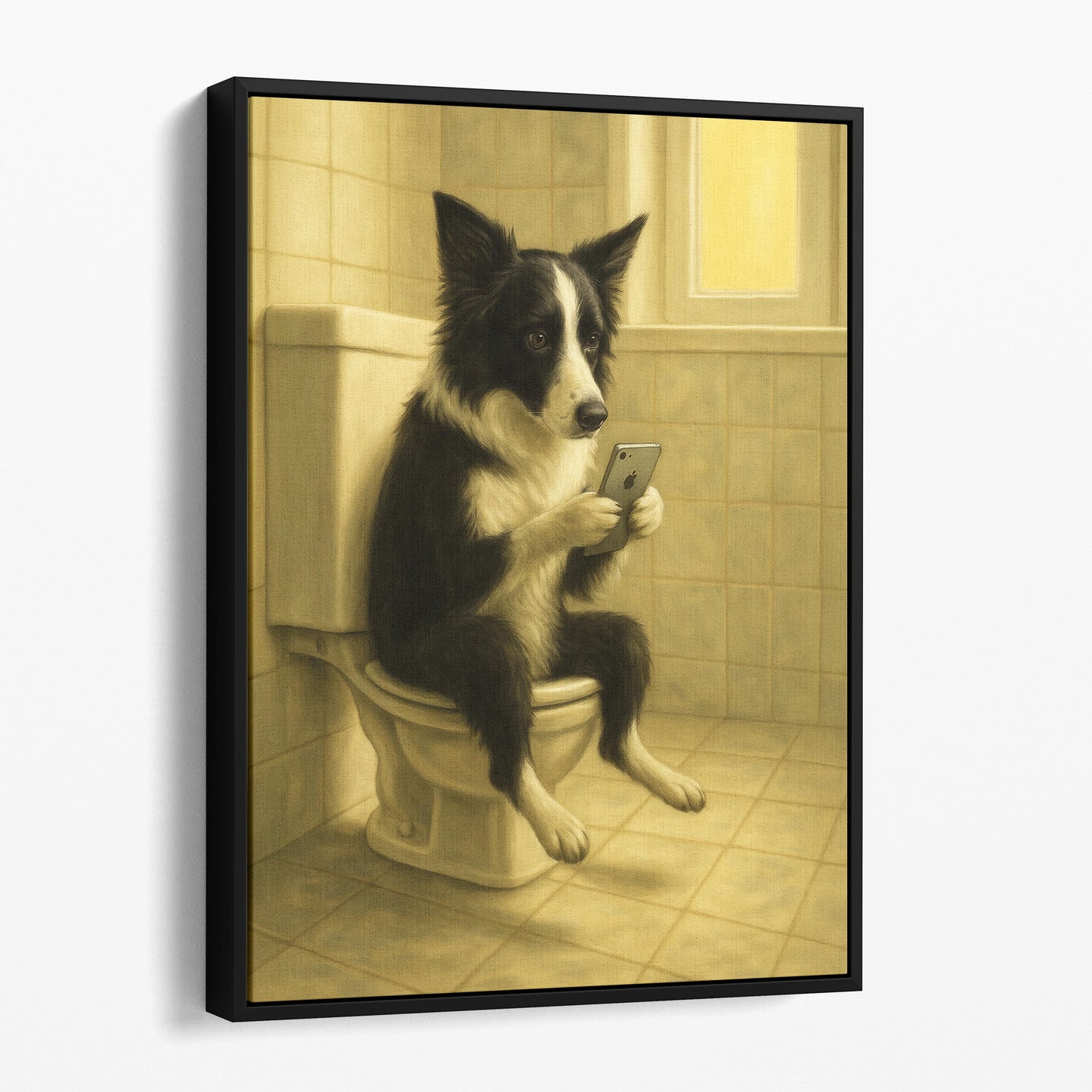 Border Collie On The Phone On The Toilet