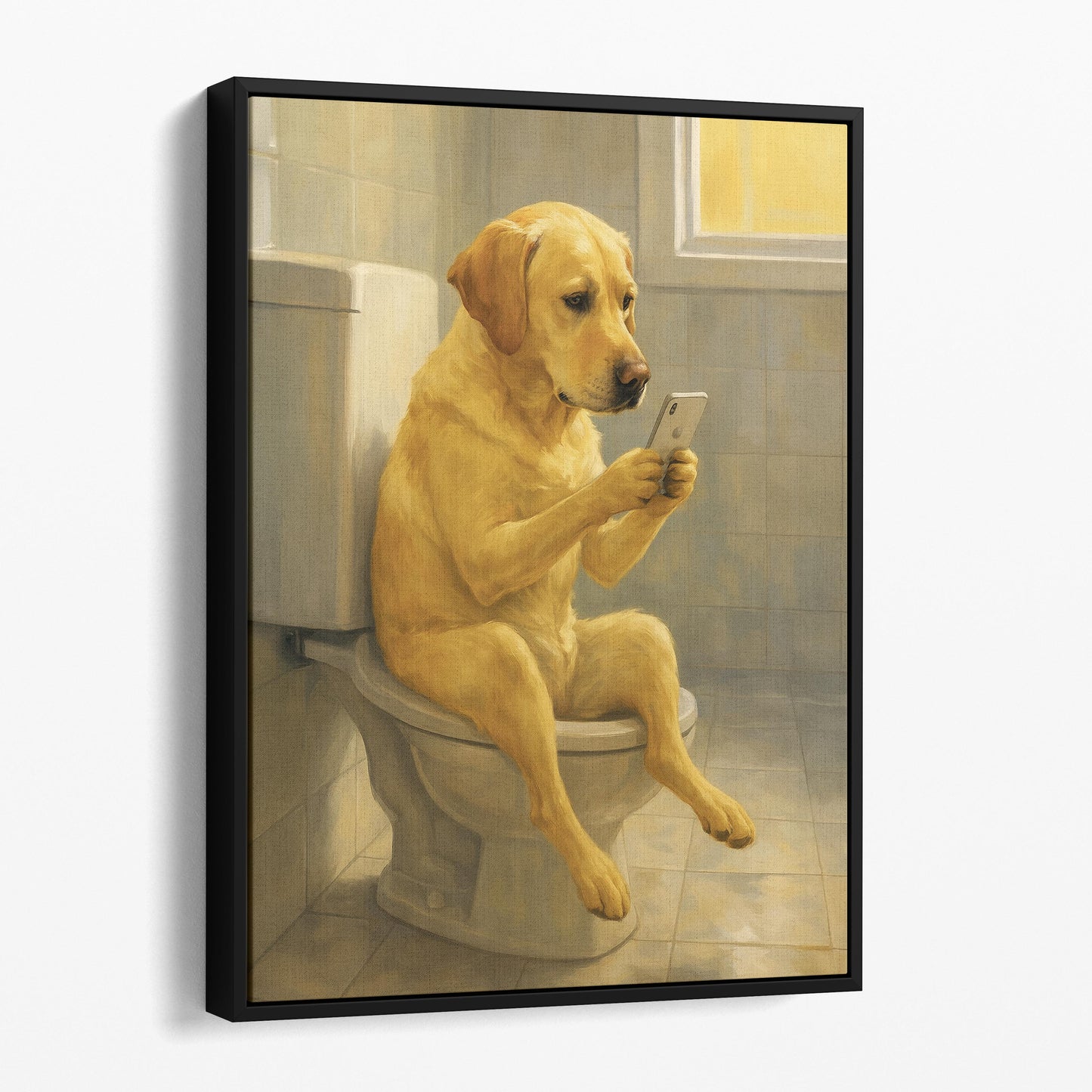 Yellow Labrador Retriever Dog On The Phone On The Toilet