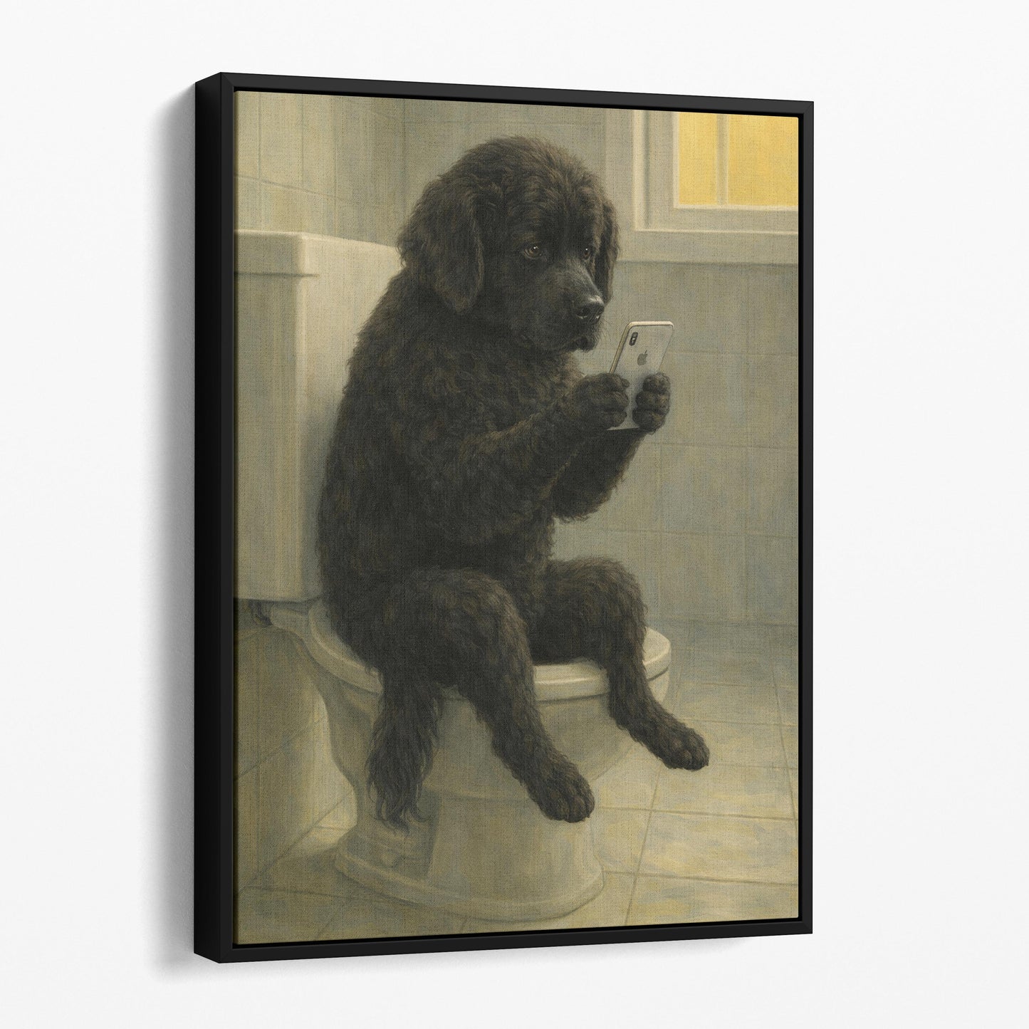 Newfoundland Dog On The Phone On The Toilet