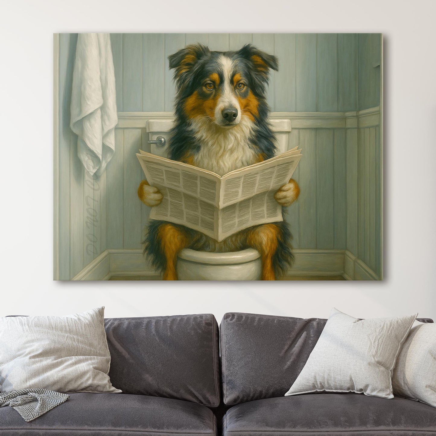 Australian Shepherd Dog On The Toilet Reading The Newspaper