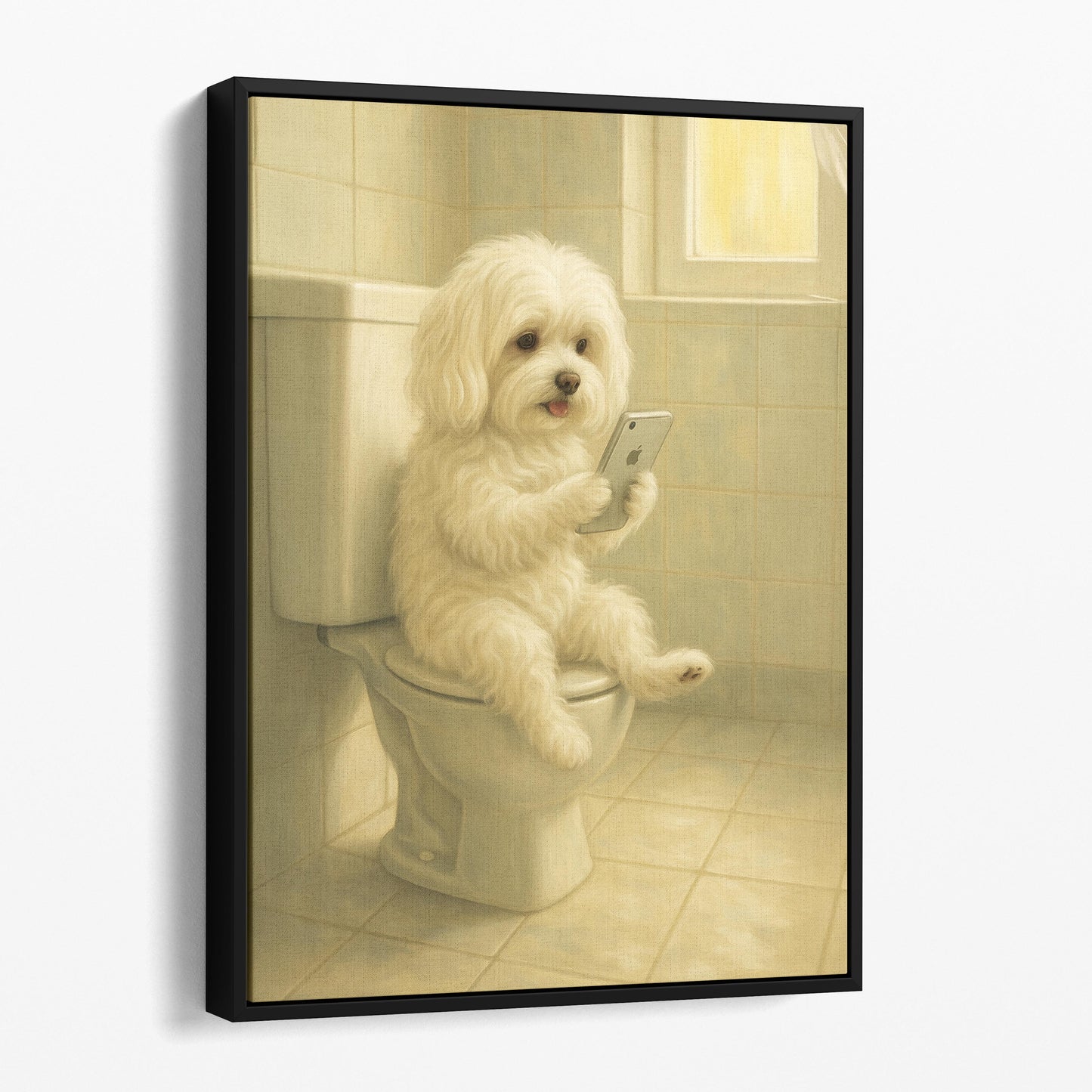 Maltese Dog On The Phone On The Toilet